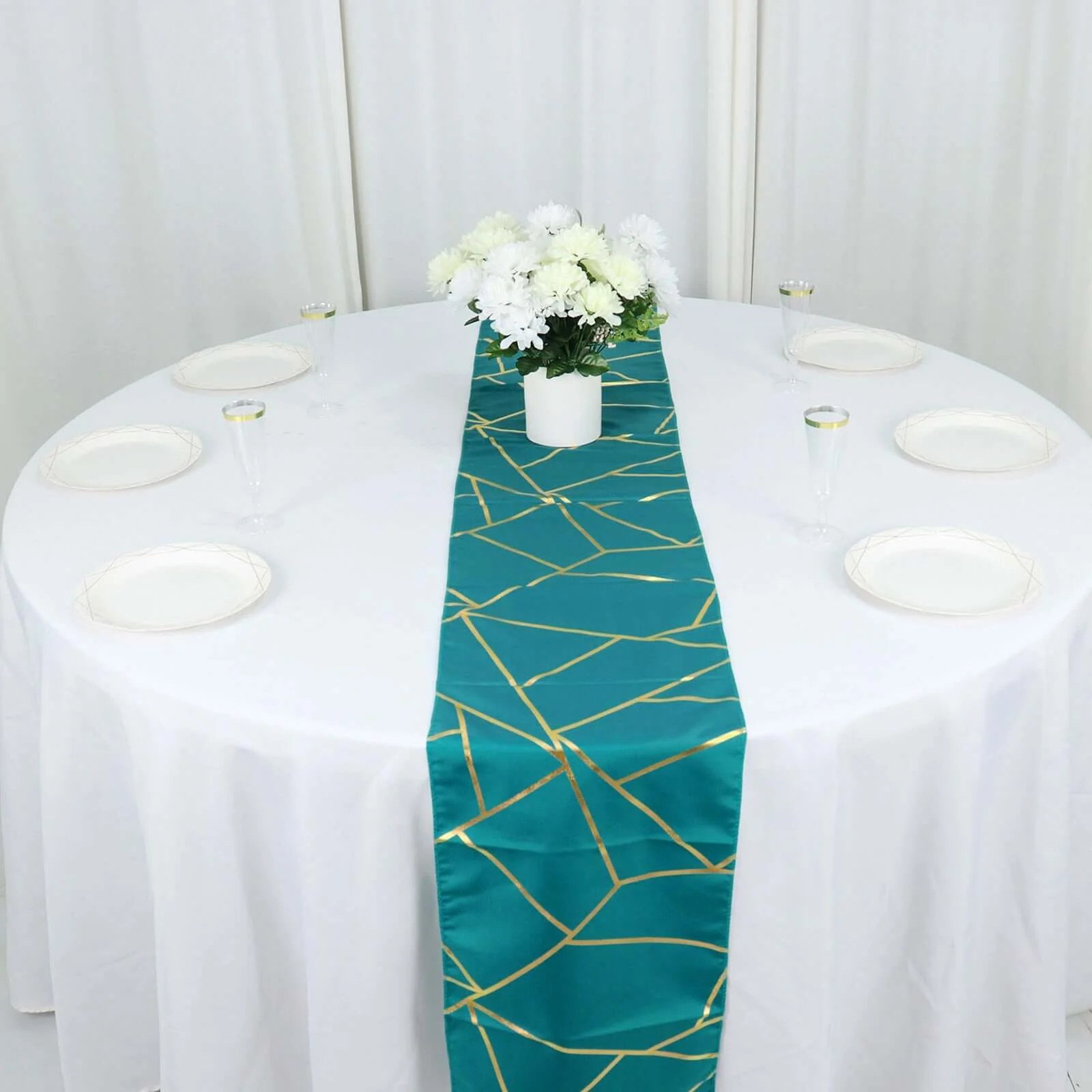 Polyester Table Runner 9ft Teal - Gold Foil Geometric Pattern - Image 9