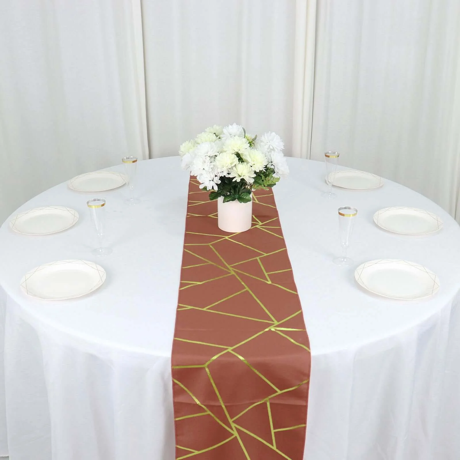 Polyester Table Runner 9ft Terracotta (Rust) - Gold Foil Geometric Pattern - Image 10