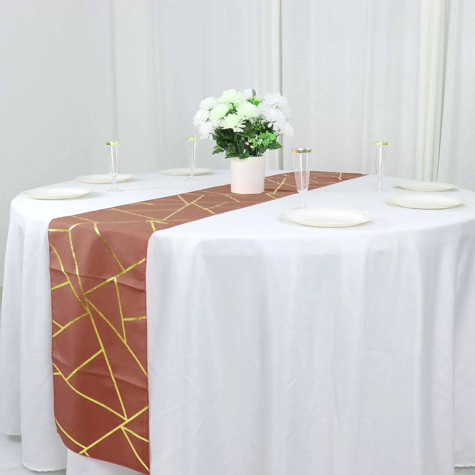 Polyester Table Runner 9ft Terracotta (Rust) - Gold Foil Geometric Pattern - Image 11