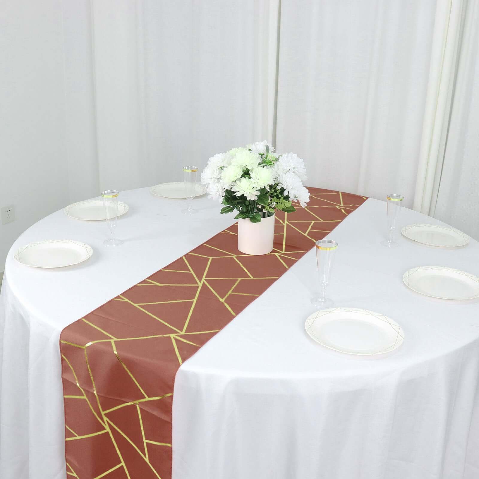 Polyester Table Runner 9ft Terracotta (Rust) - Gold Foil Geometric Pattern - Image 12