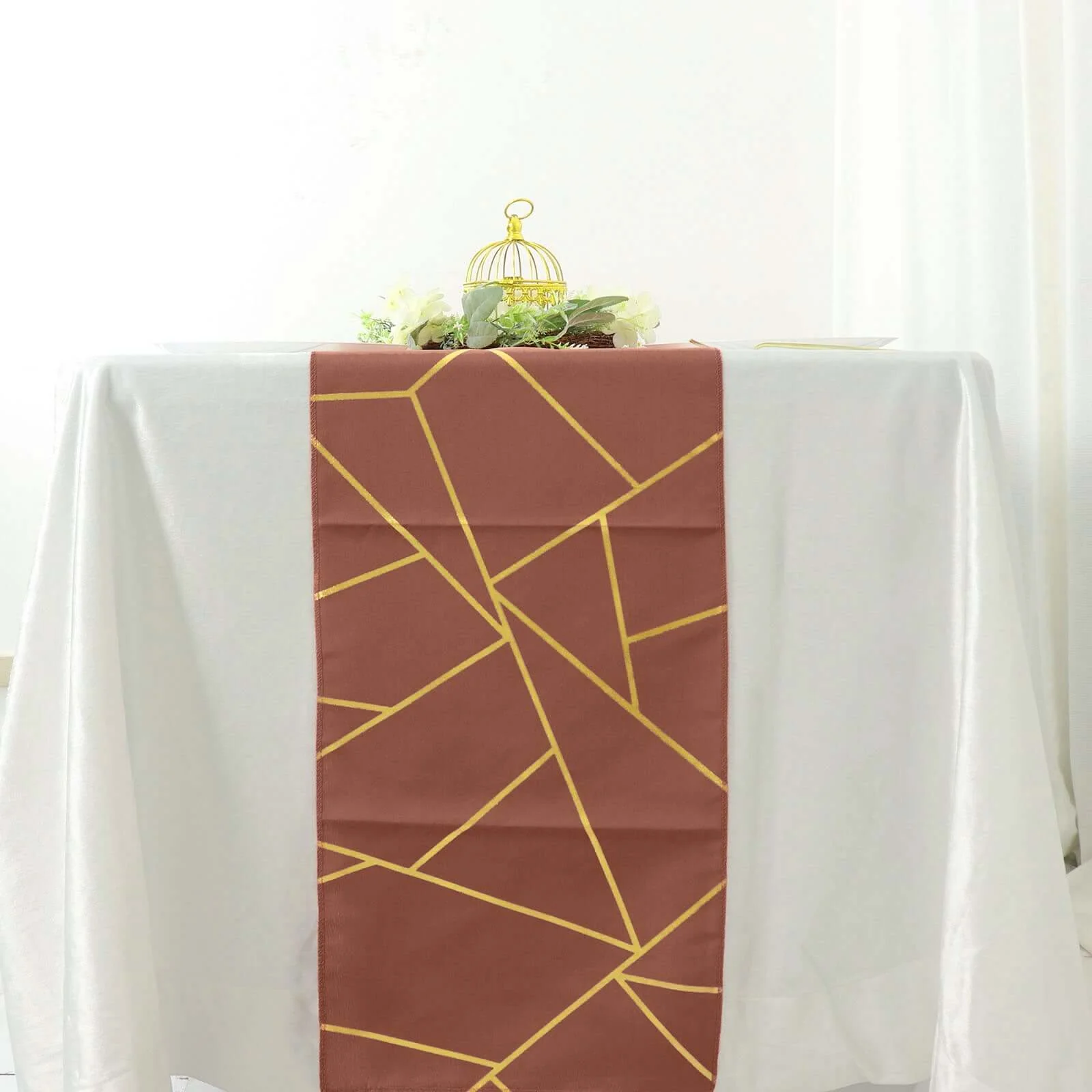 Polyester Table Runner 9ft Terracotta (Rust) - Gold Foil Geometric Pattern - Image 2