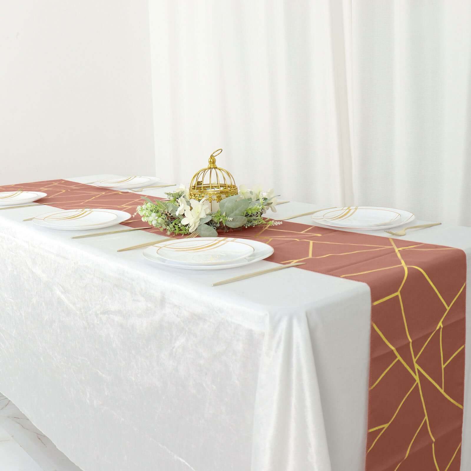 Polyester Table Runner 9ft Terracotta (Rust) - Gold Foil Geometric Pattern - Image 3