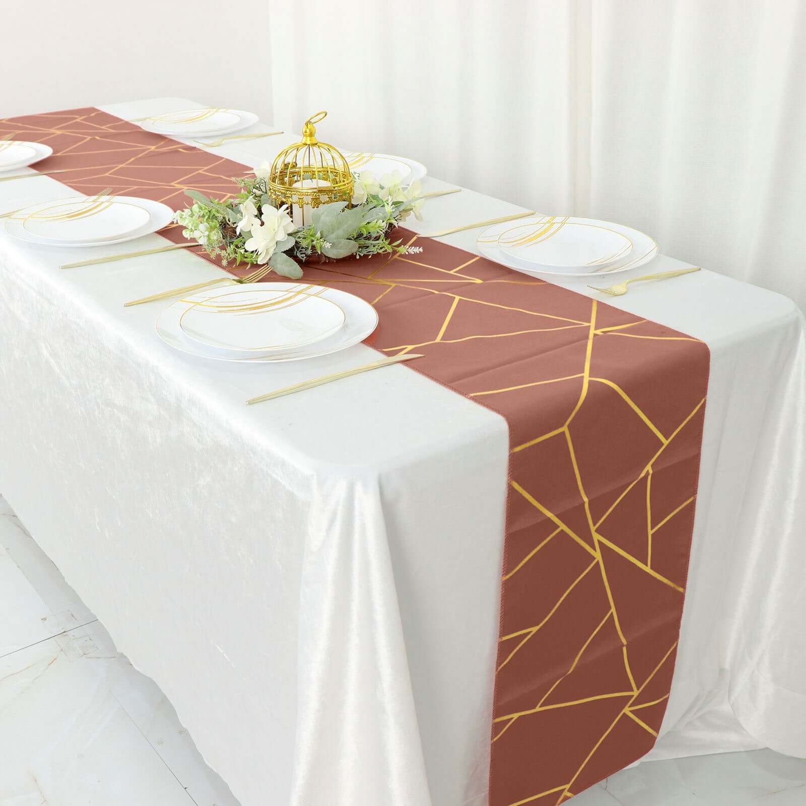 Polyester Table Runner 9ft Terracotta (Rust) - Gold Foil Geometric Pattern - Image 6