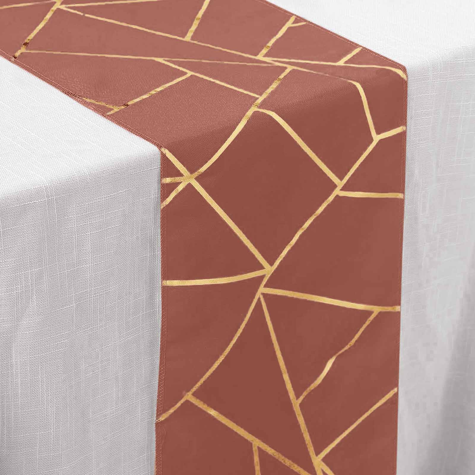 Polyester Table Runner 9ft Terracotta (Rust) - Gold Foil Geometric Pattern - Image 7