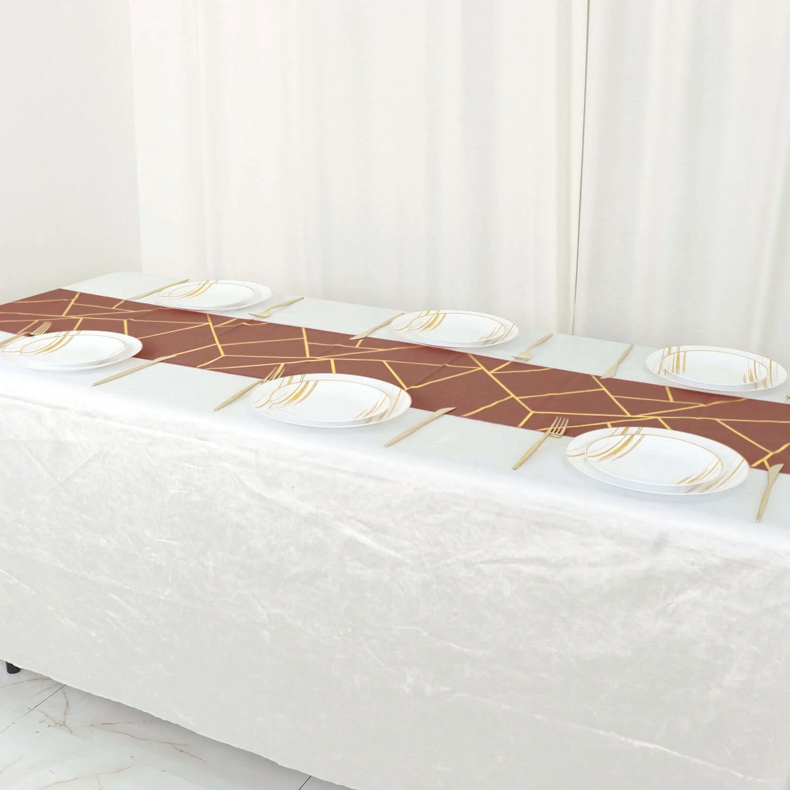 Polyester Table Runner 9ft Terracotta (Rust) - Gold Foil Geometric Pattern - Image 8