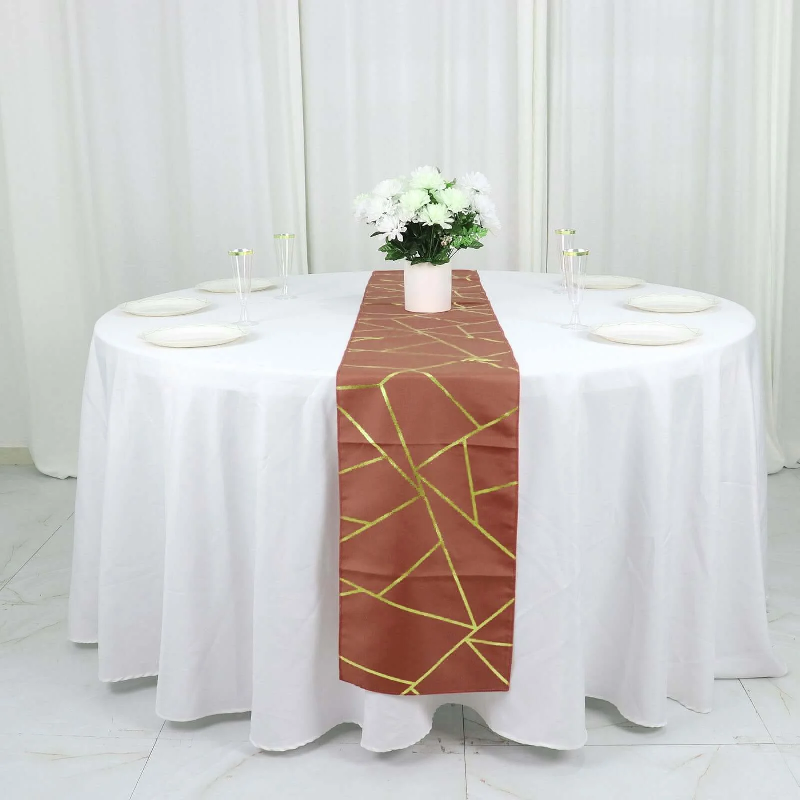 Polyester Table Runner 9ft Terracotta (Rust) - Gold Foil Geometric Pattern - Image 9