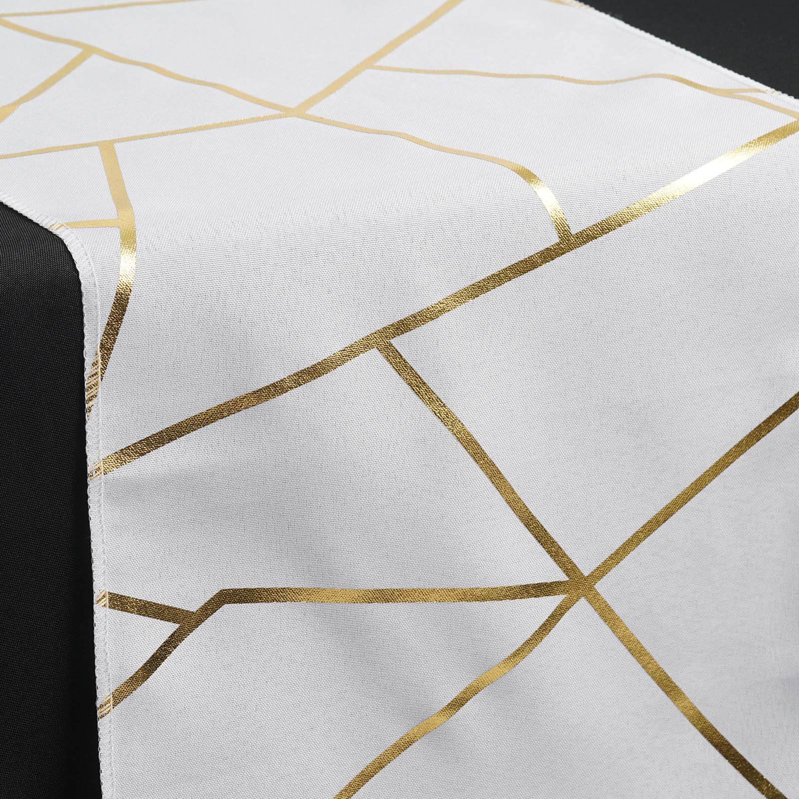 Polyester Table Runner 9ft White with Gold Foil Geometric Pattern - Modern & Stylish Table Decor - Image 6
