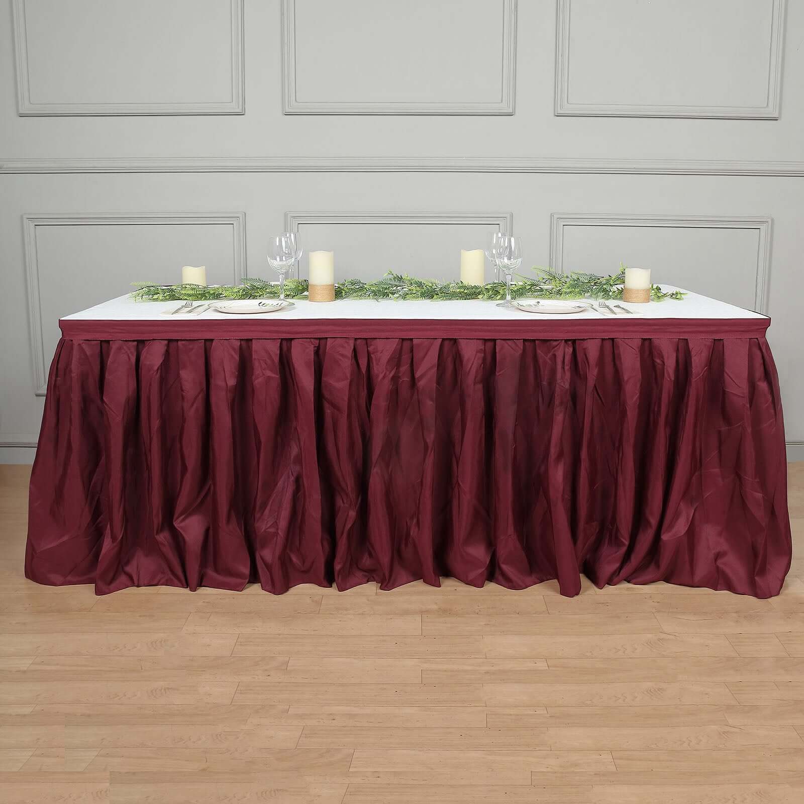 Polyester Table Skirt 14ft Burgundy - Stylish Pleated Table Cover