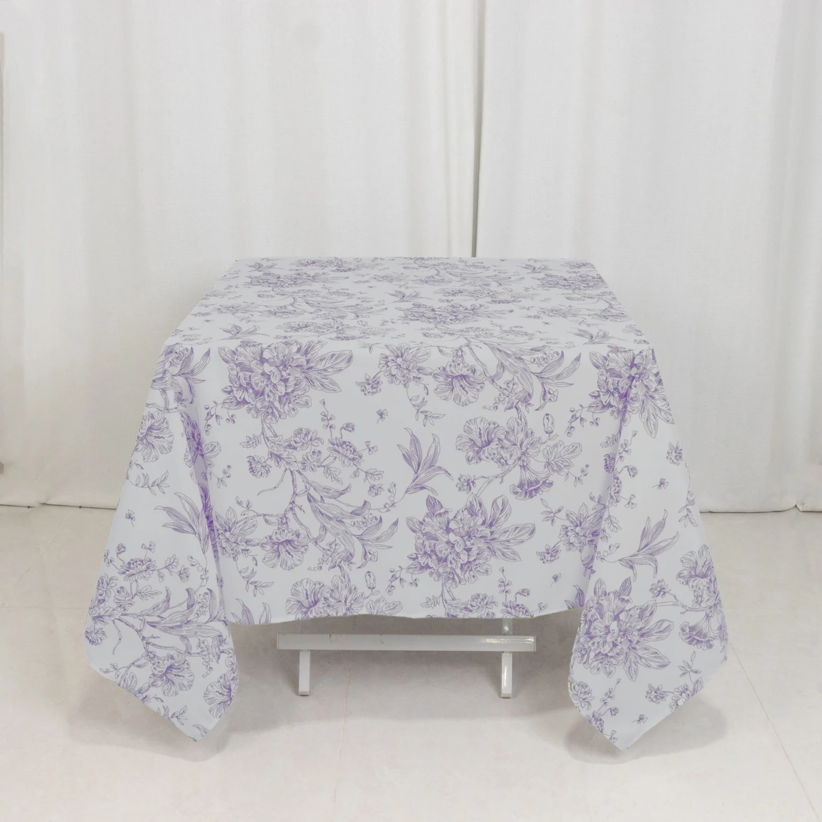 Polyester Square Tablecloth 70"x70" White with Lavender Lilac French Toile Pattern - Sophisticated Table Cover for Chic Weddings & Events - Image 2