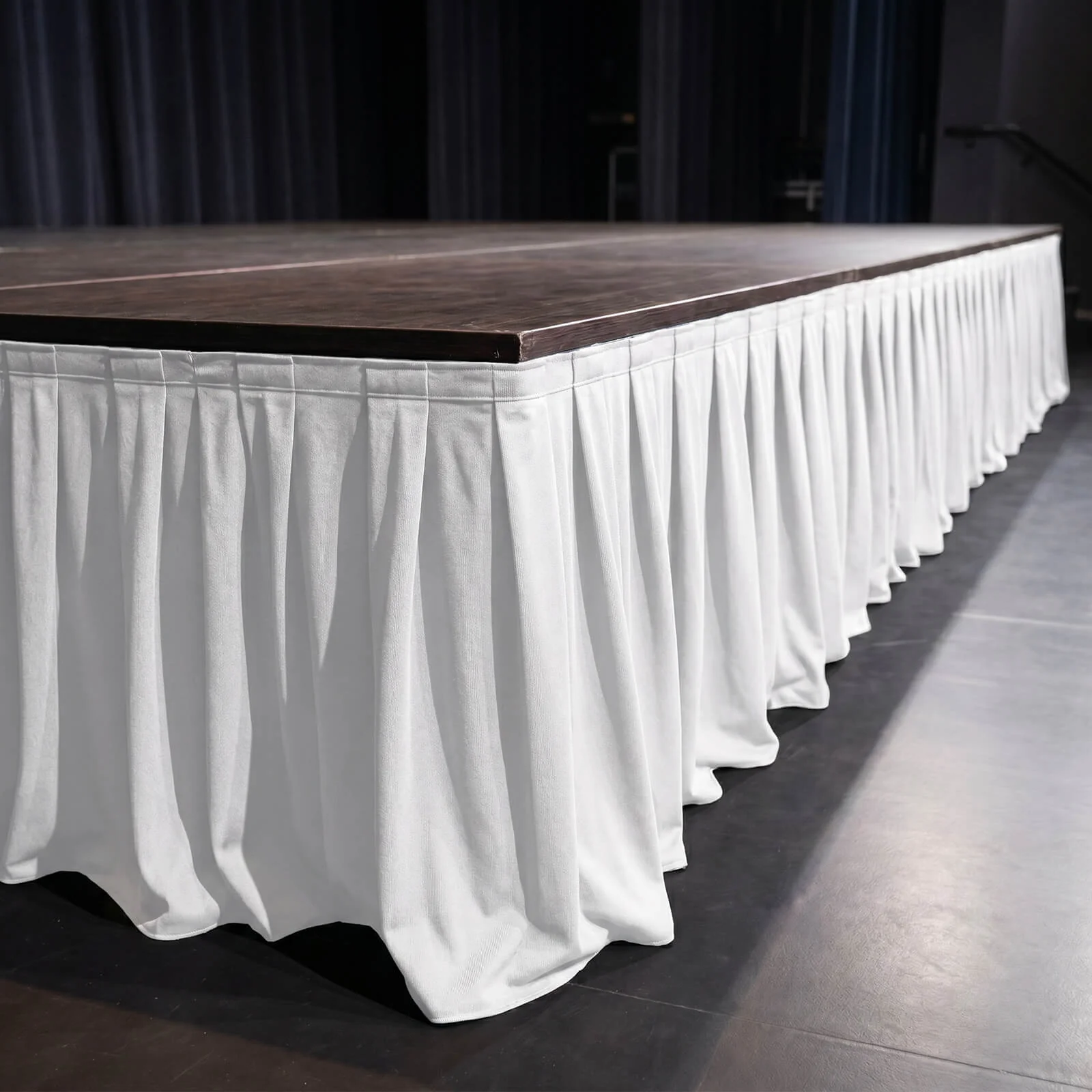 Portable Scuba Stage Skirting White Shirred Pleated Stage Cover for Wedding & Event Platforms - Wrinkle-Free, Stain Resistant - 48"x20ft - Image 3