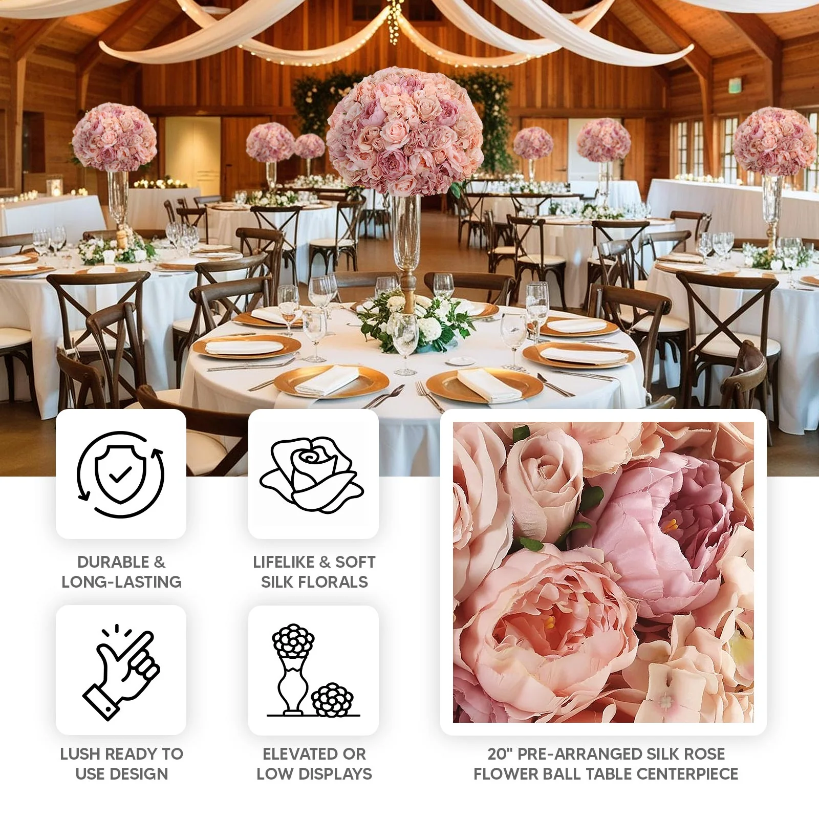 Pre-Arranged Artificial Rose Wedding Centerpiece, Blush Silk Rose Flower Balls Arrangement Table Decor - 20" - Image 4