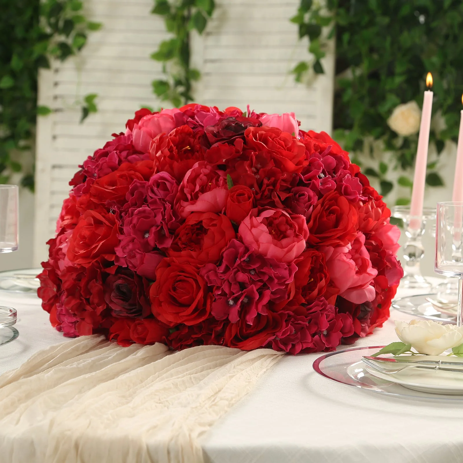Pre-Arranged Artificial Rose Wedding Centerpiece, Red Silk Rose Flower Balls Arrangement Table Decor - 20" - Image 2