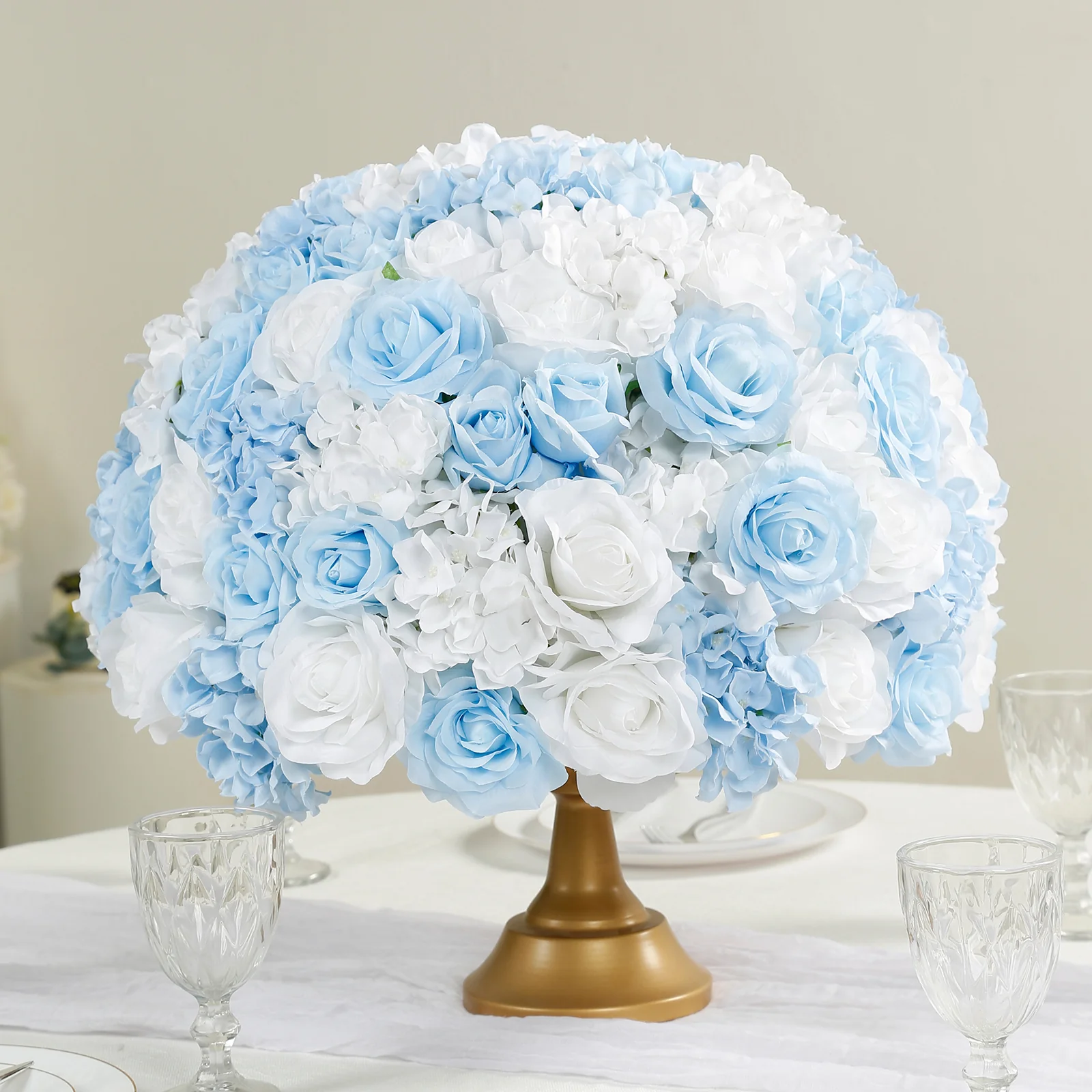 Pre-Arranged Artificial Rose Wedding Centerpiece, Light Blue Silk Rose Flower Balls Arrangement Table Decor - 20"