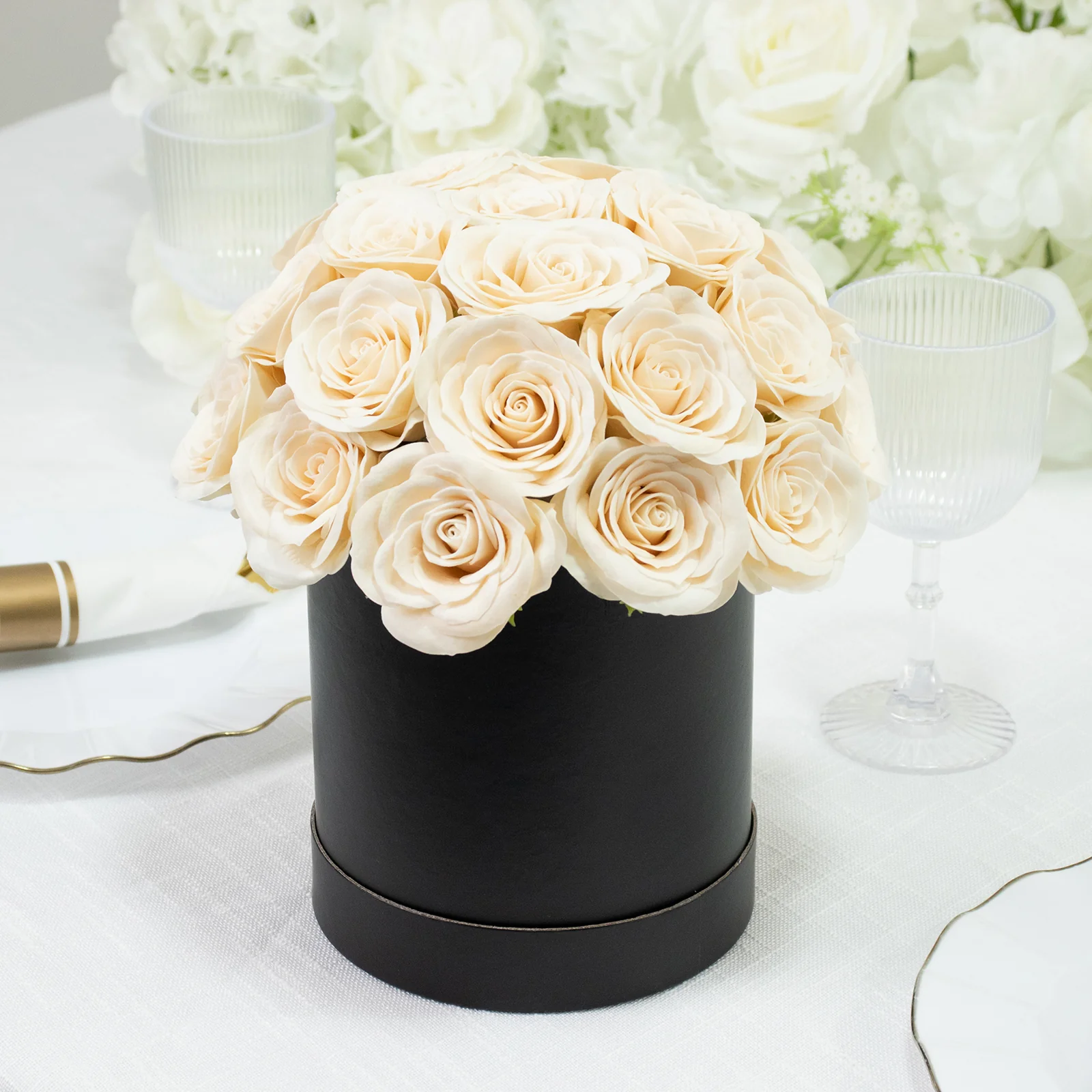 Prearranged Rose Centerpiece Arrangement, Ivory 27pcs Roses with Black Round Gift Box - Image 6