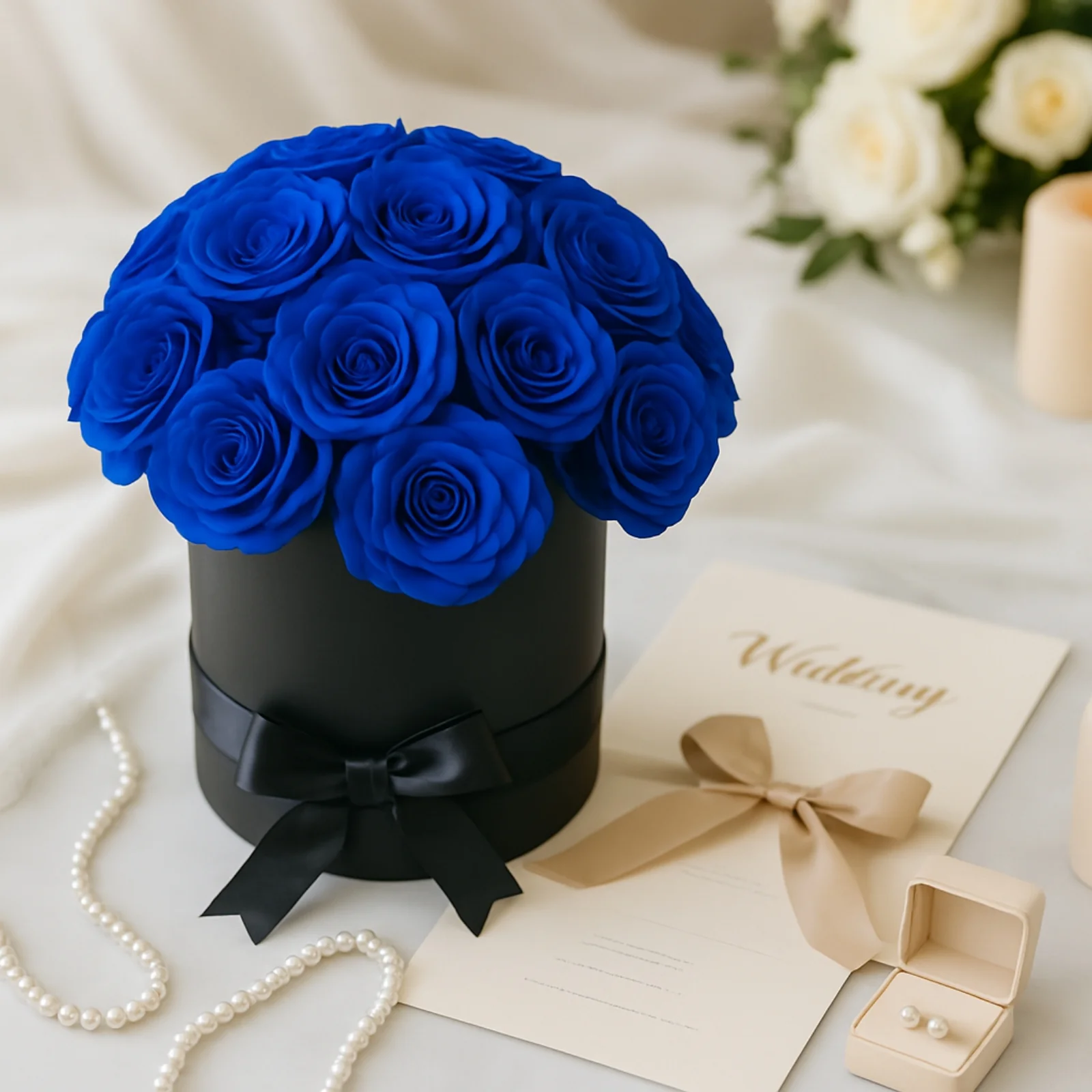 Prearranged Rose Centerpiece Arrangement, Royal Blue 27pcs Roses with Black Round Gift Box - Image 6