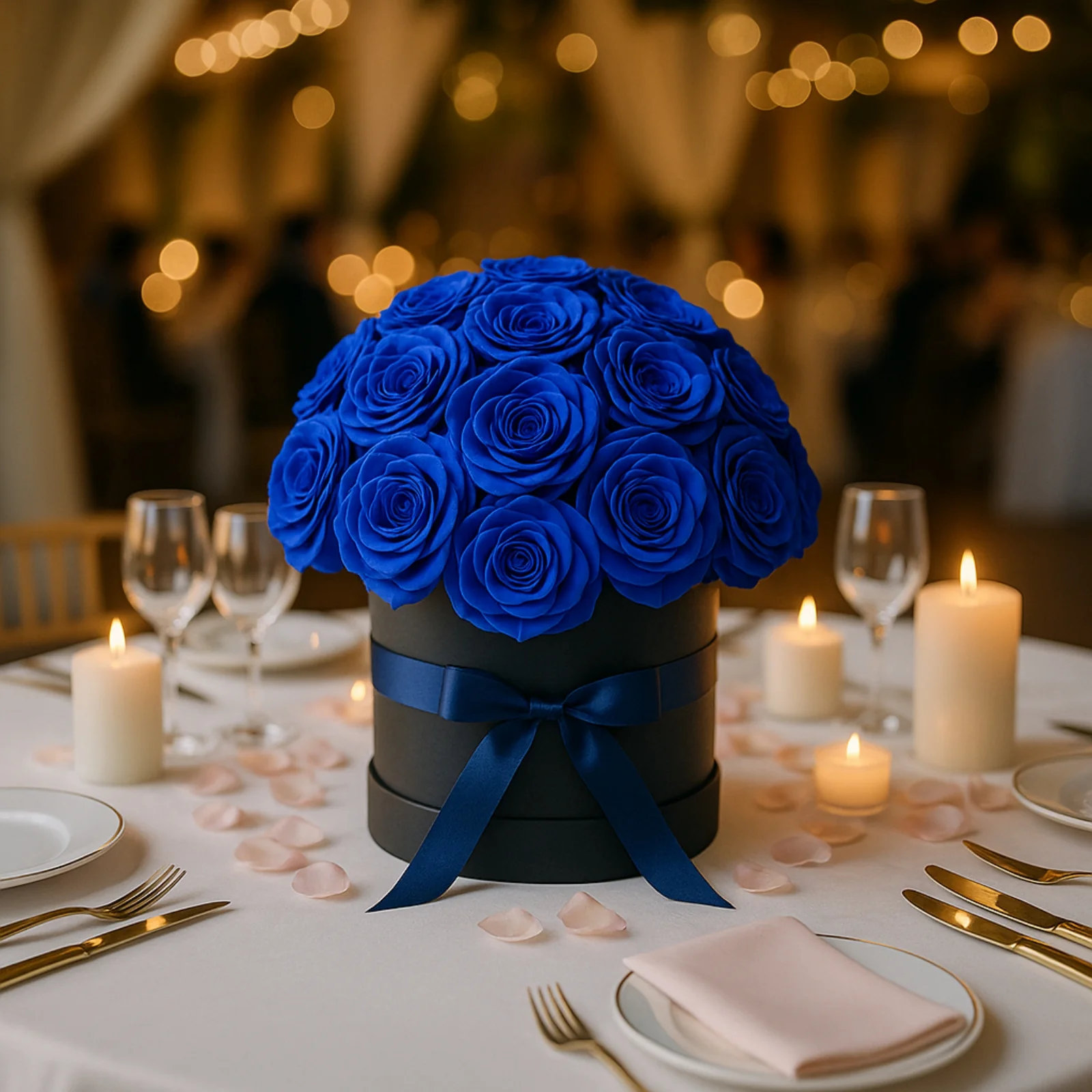 Prearranged Rose Centerpiece Arrangement, Royal Blue 27pcs Roses with Black Round Gift Box - Image 8
