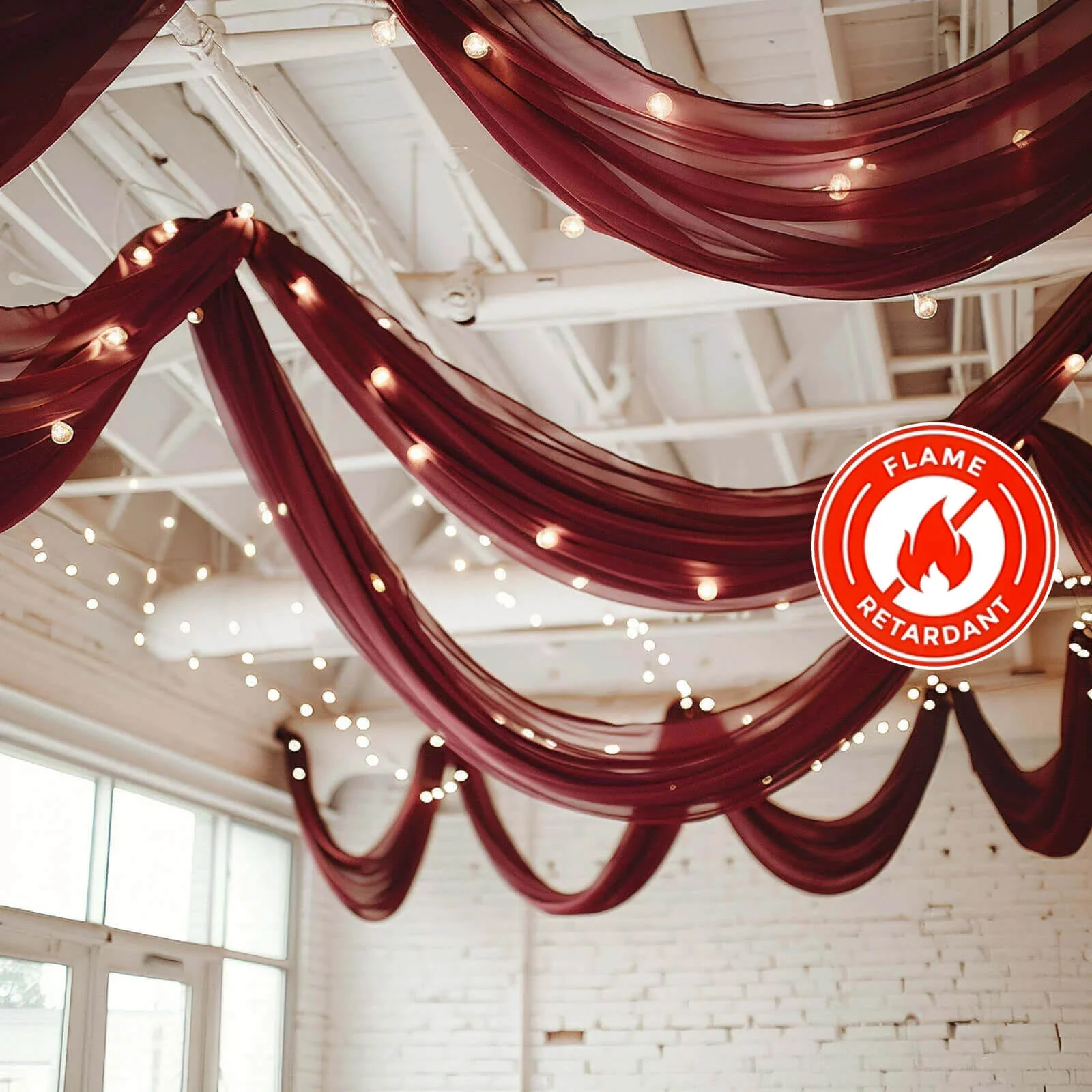 Burgundy Chiffon Ceiling Drapery, Durable Flame Resistant Long Curtain Backdrop Panel With Rod Pocket 5ftx32ft - Image 5