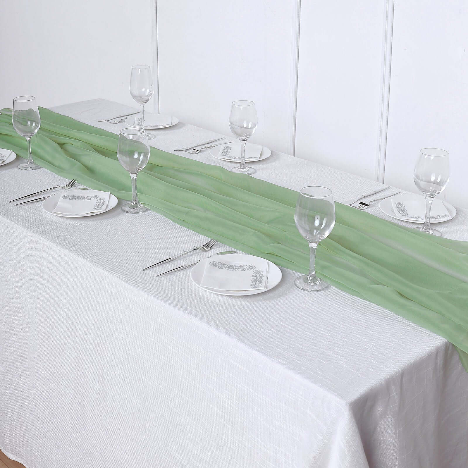 Chiffon Table Runner 6ft Sage Green - Lightweight Table Linen - Image 2