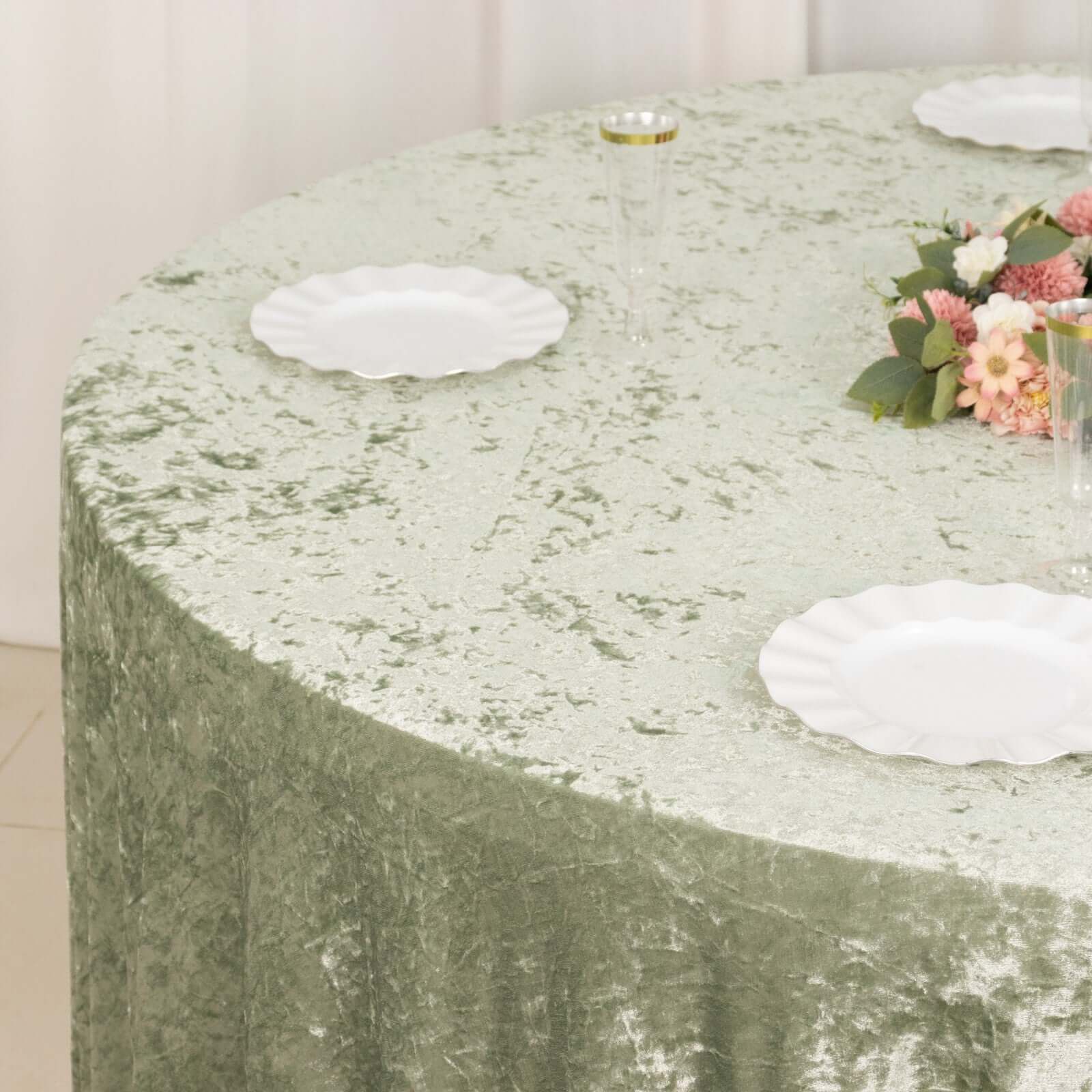 Premium Crushed Velvet Round Tablecloth 120" Sage Green - Seamless Soft & Reusable Table Cover - Image 5