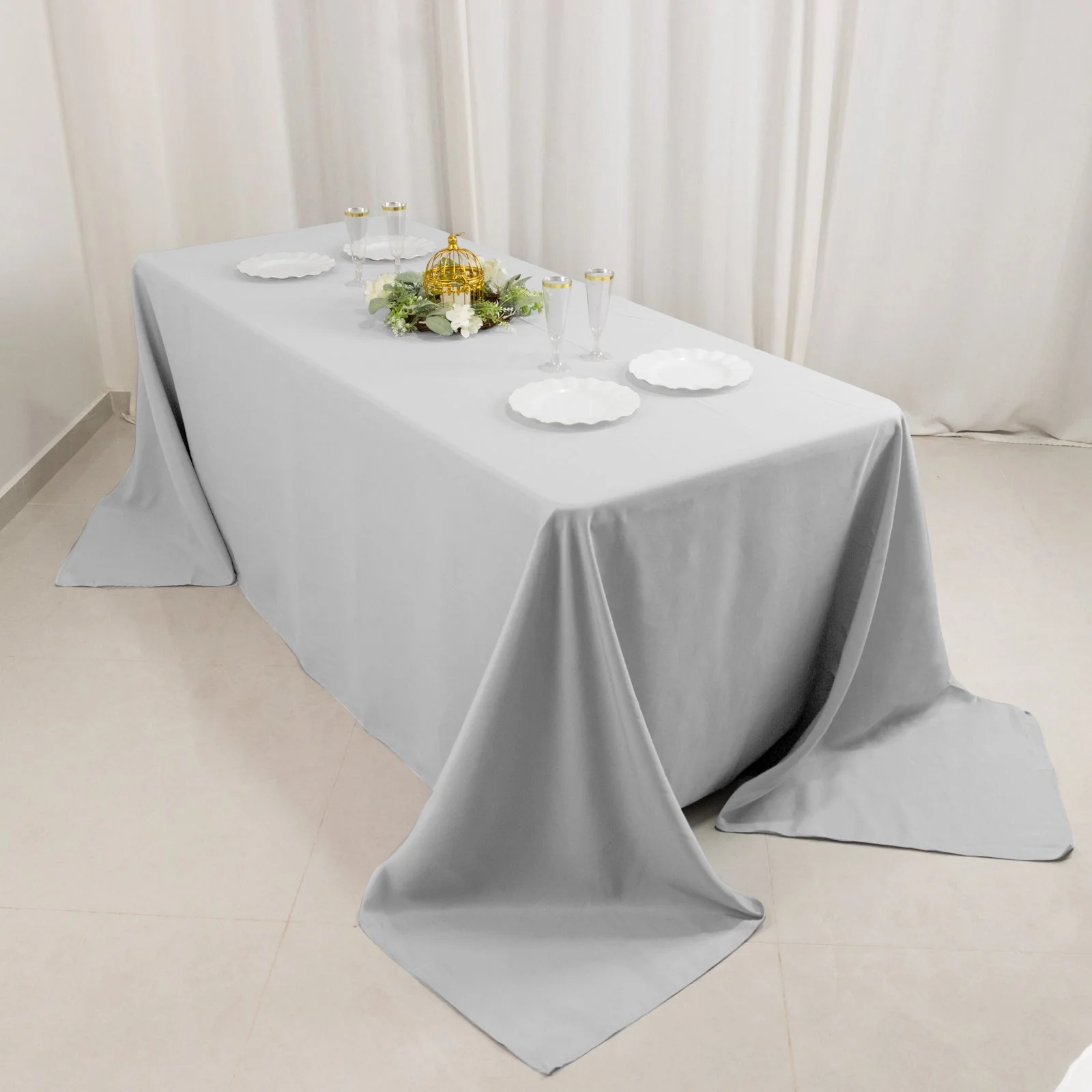 Premium Polyester Rectangle Tablecloth 90"x132" Silver - Seamless 220GSM Wrinkle-Resistant & Durable Fabric - Image 6