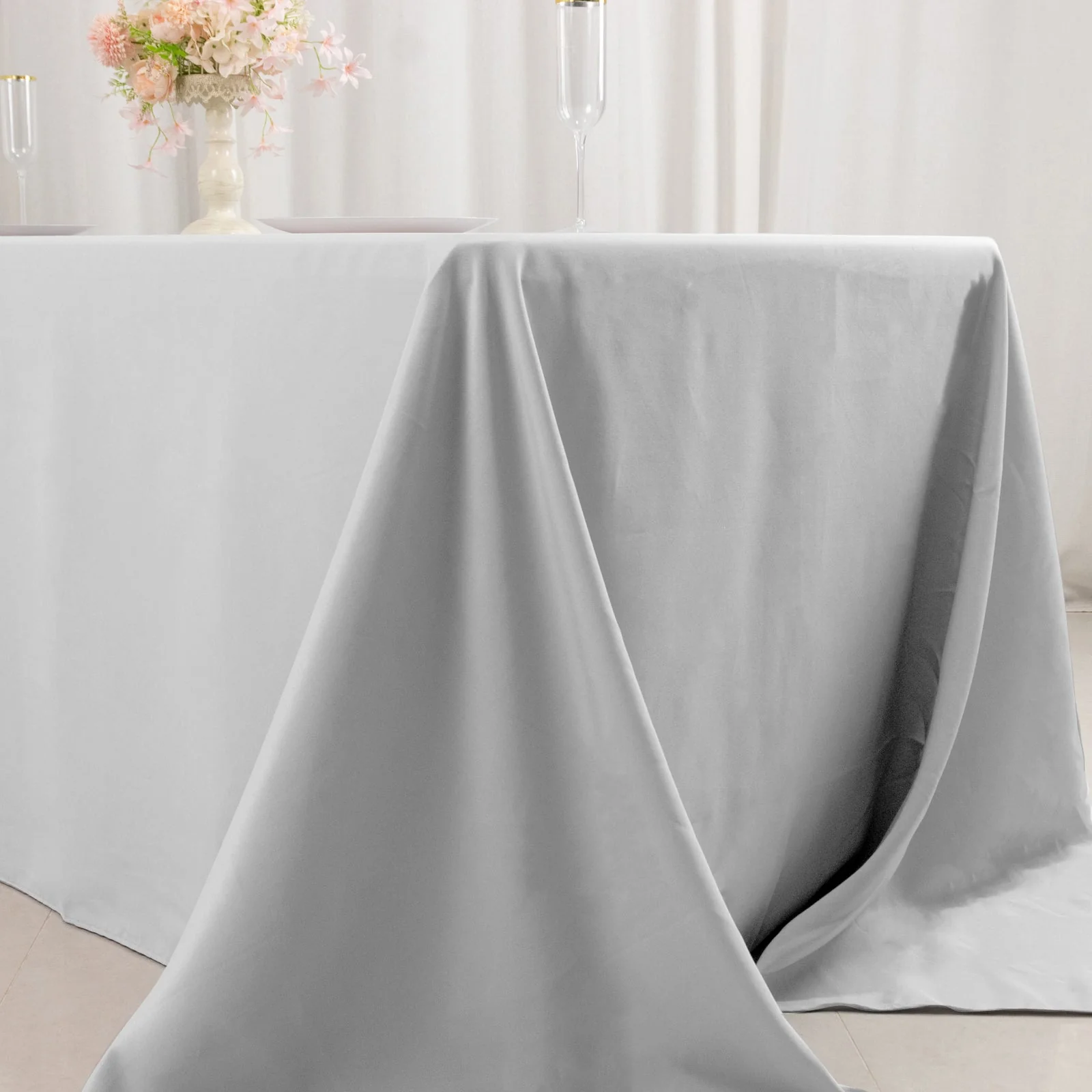 Premium Polyester Rectangle Tablecloth 90"x132" Silver - Seamless 220GSM Wrinkle-Resistant & Durable Fabric - Image 7