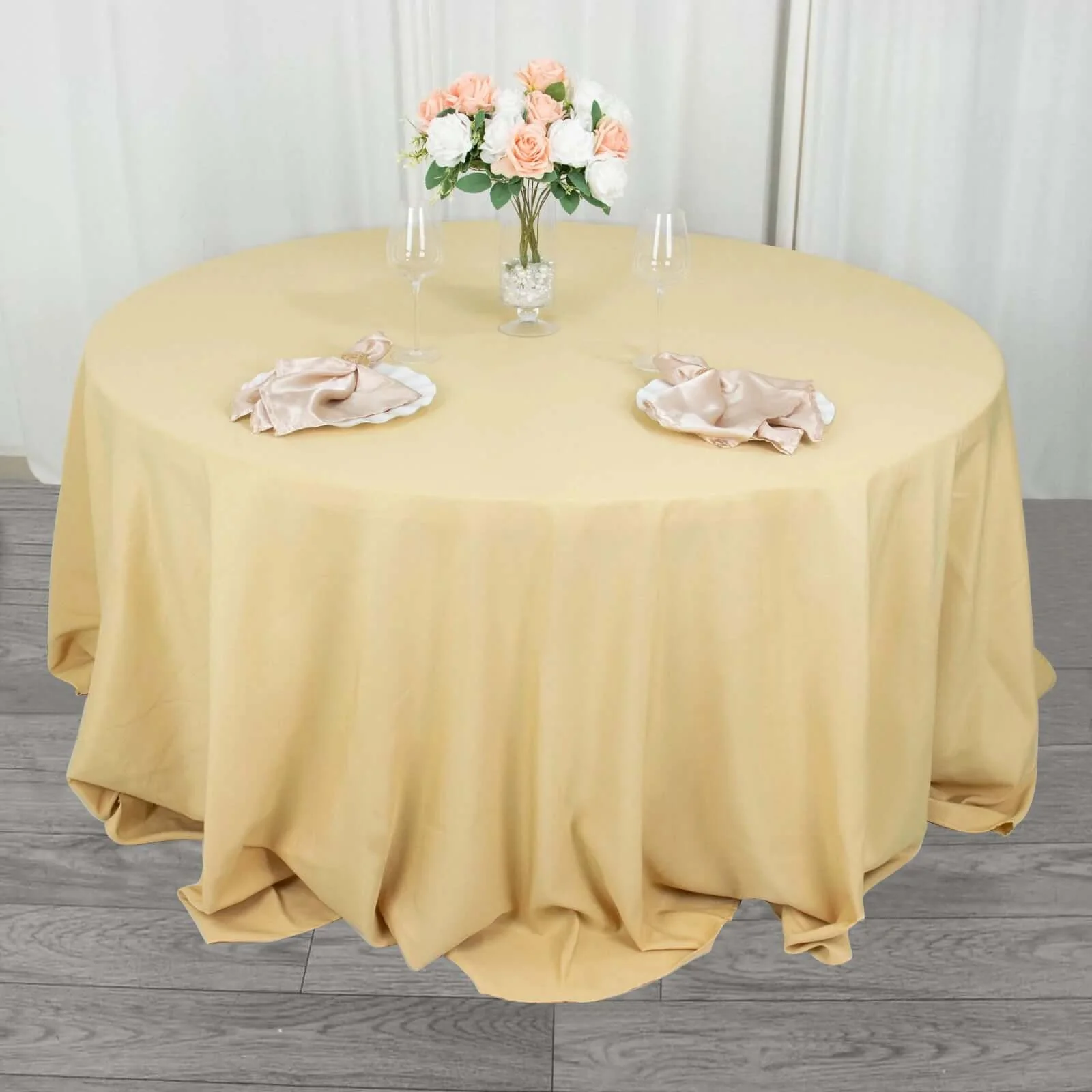 Premium Polyester Round Tablecloth 132" Champagne - Seamless 220GSM Table Cover - Image 7