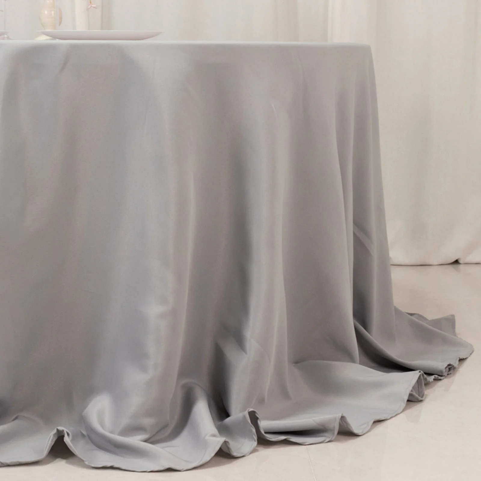 Premium Polyester Round Tablecloth 132" Silver - Seamless 220GSM Table Cover - Image 2