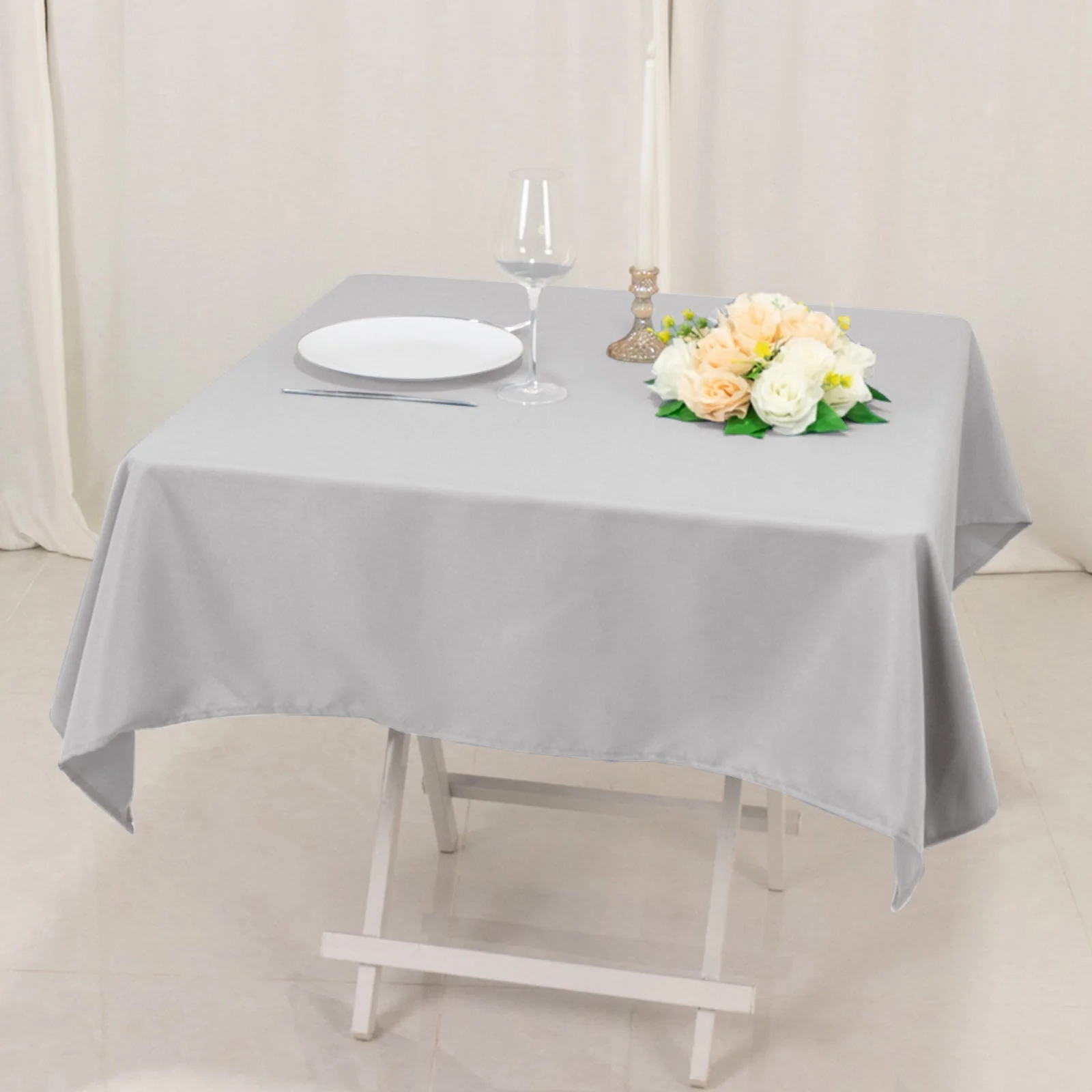 Premium Polyester Square Tablecloth 54"x54" Silver - 220GSM Wrinkle-Resistant Table Cover - Image 4