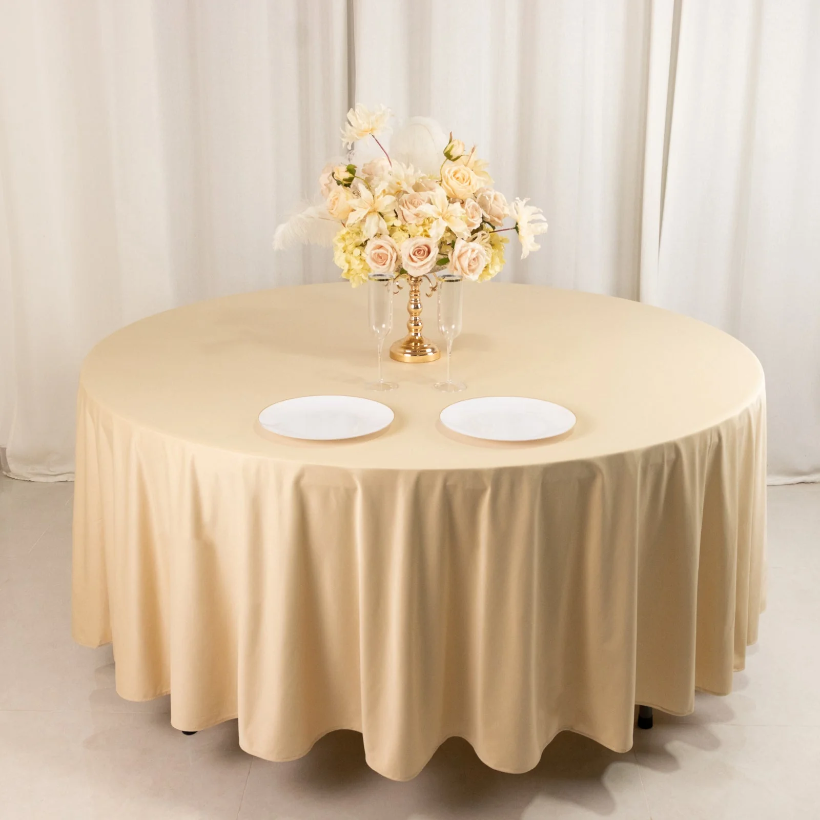 Scuba Round Tablecloth 108" Beige - Wrinkle Free Table Cover - Image 7
