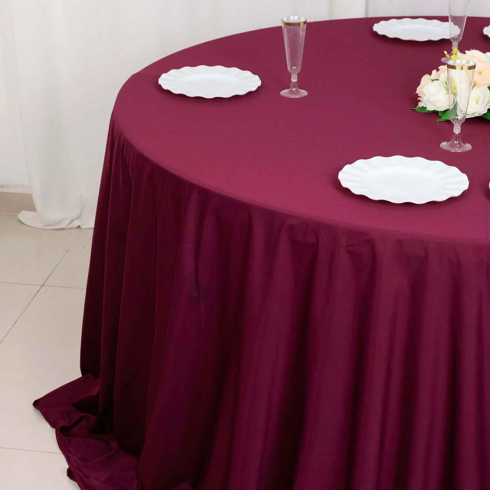 Scuba Round Tablecloth 132" Burgundy - Seamless & Wrinkle Free Table Cover - Image 2
