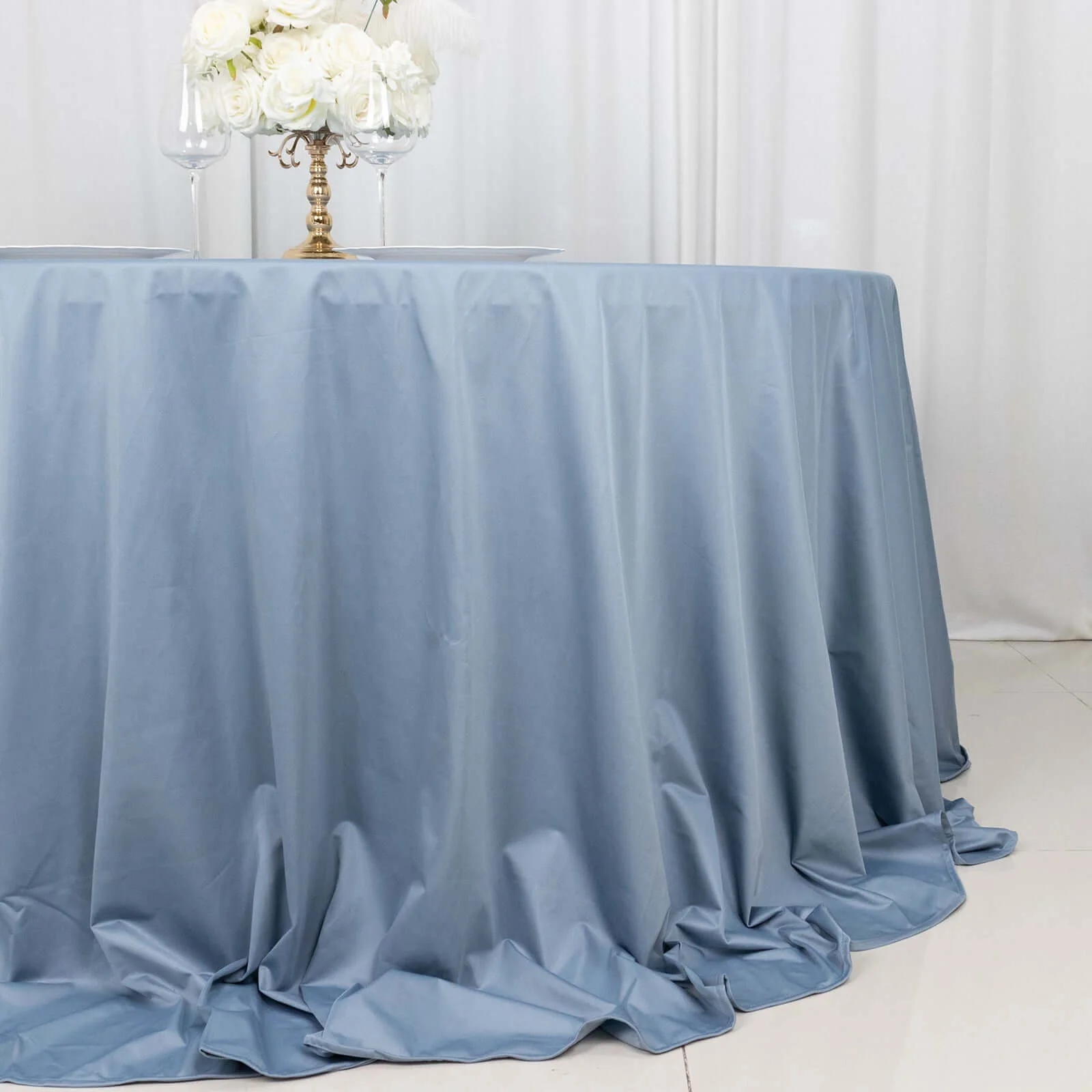 Scuba Round Tablecloth 132" Dusty Blue - Seamless & Wrinkle Free Table Cover - Image 2