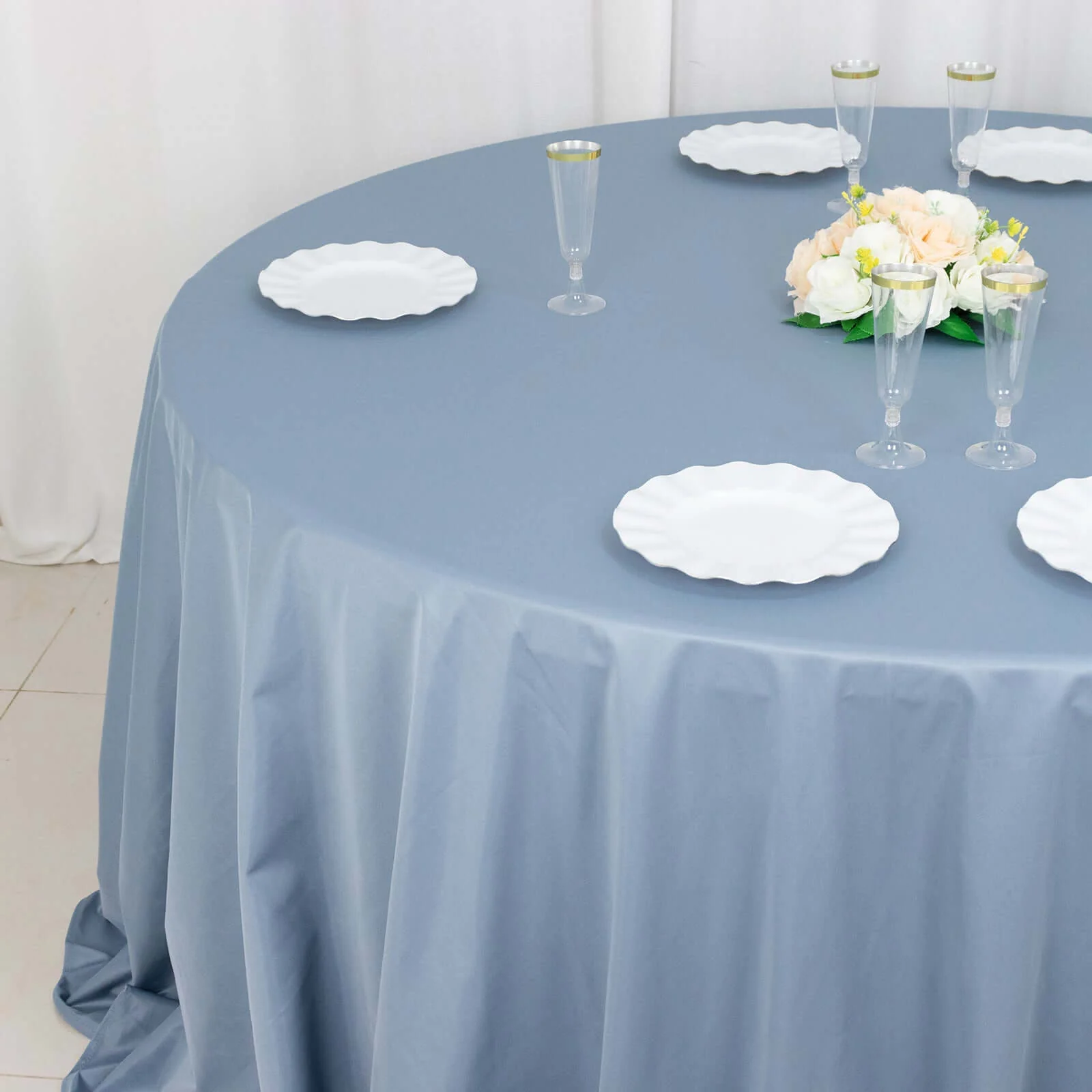 Scuba Round Tablecloth 132" Dusty Blue - Seamless & Wrinkle Free Table Cover - Image 6