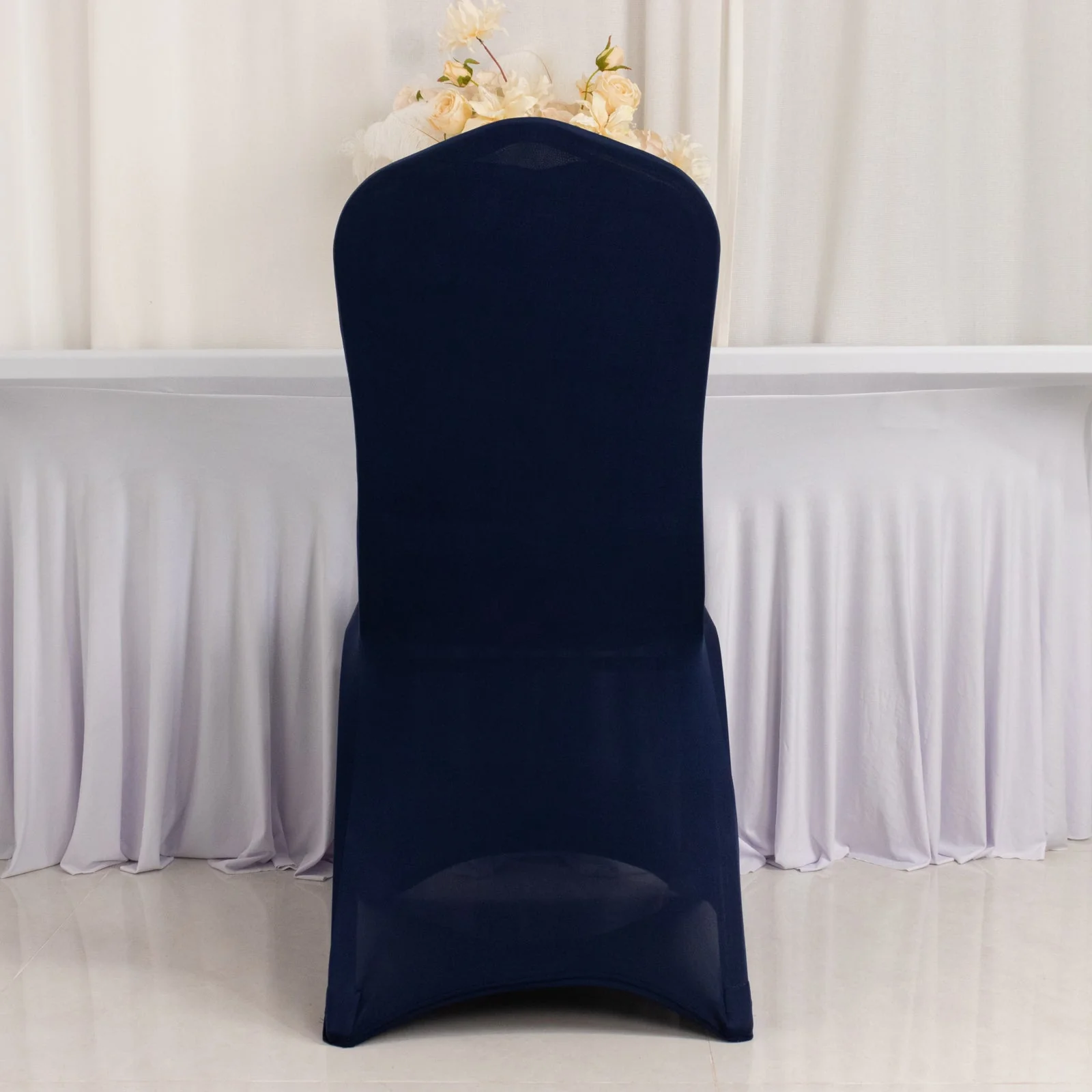 Premium Spandex Stretch Fitted Banquet Chair Cover 220GSM Navy Blue with Foot Pockets - Durable Slipcover - Image 2