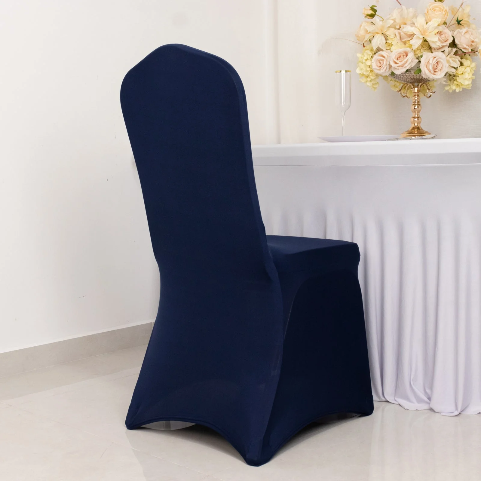 Premium Spandex Stretch Fitted Banquet Chair Cover 220GSM Navy Blue with Foot Pockets - Durable Slipcover - Image 3