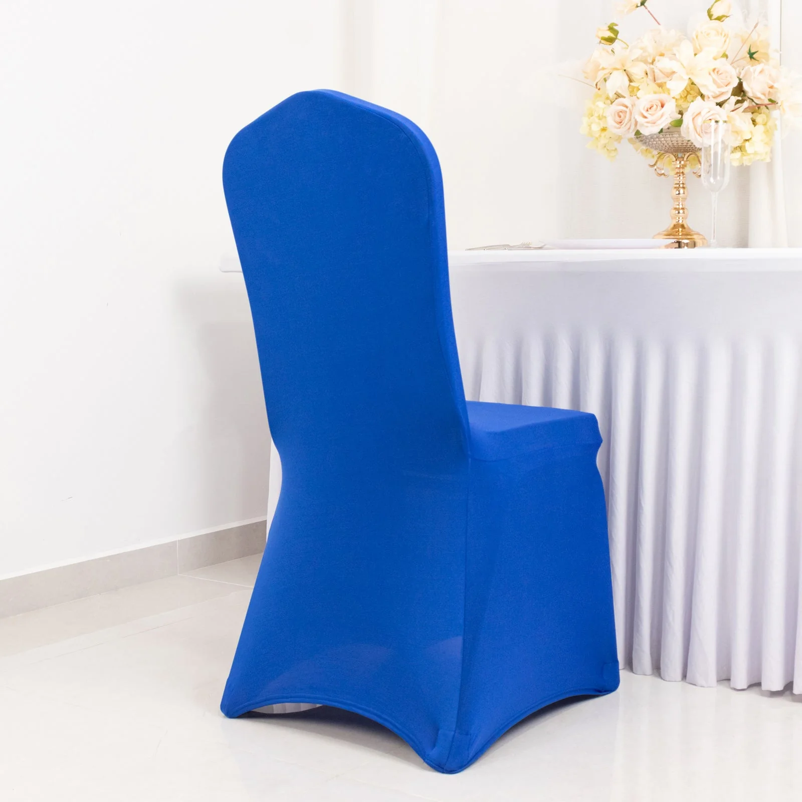 Premium Spandex Stretch Fitted Banquet Chair Cover 220GSM Royal Blue with Foot Pockets - Durable Slipcover