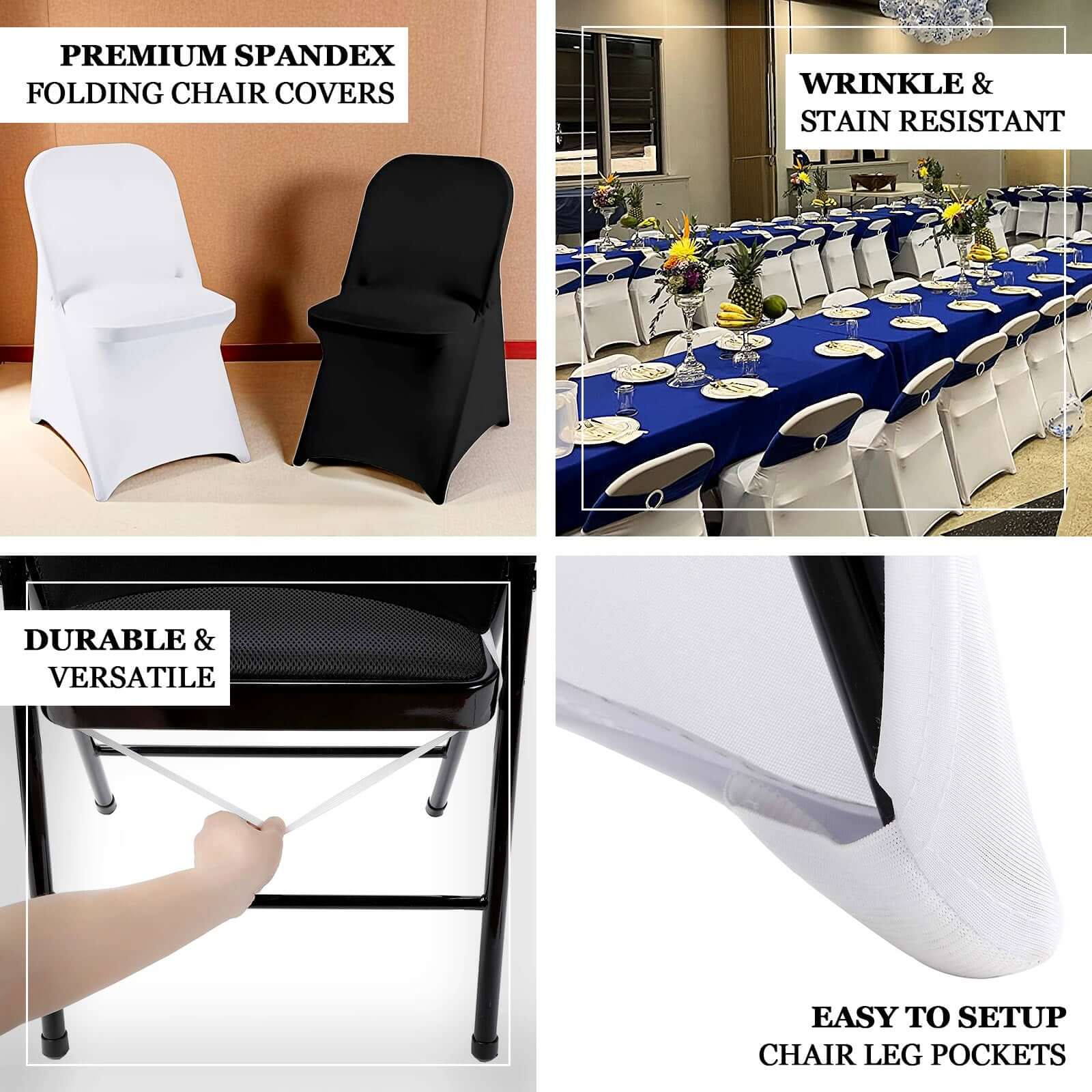 Premium Spandex Stretch Fitted Folding Chair Cover 220GSM Black with Foot Pockets - Durable Slipcover for Events - Image 4