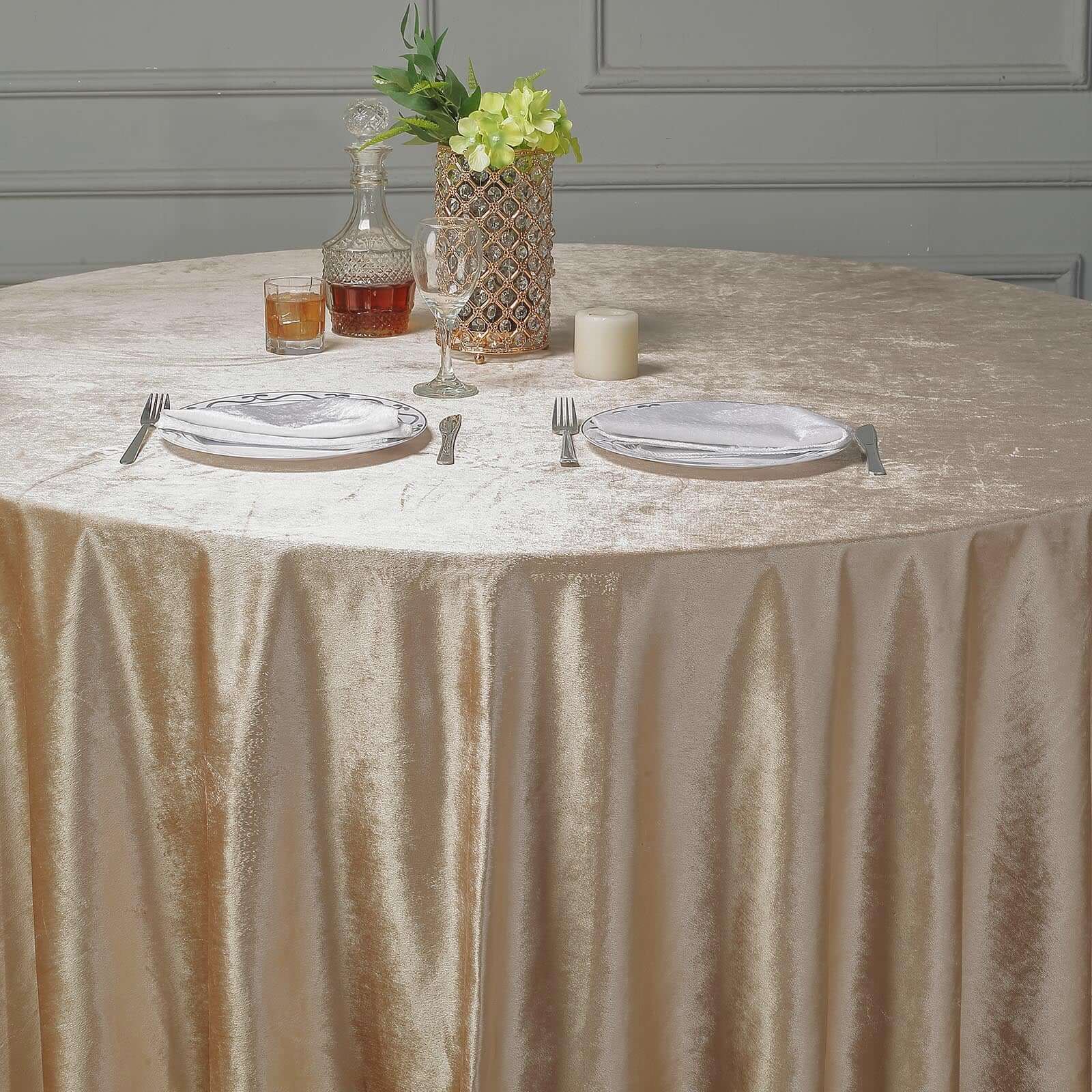 Premium Velvet Round Tablecloth 120" Champagne - Seamless Soft & Reusable Table Cover - Image 2
