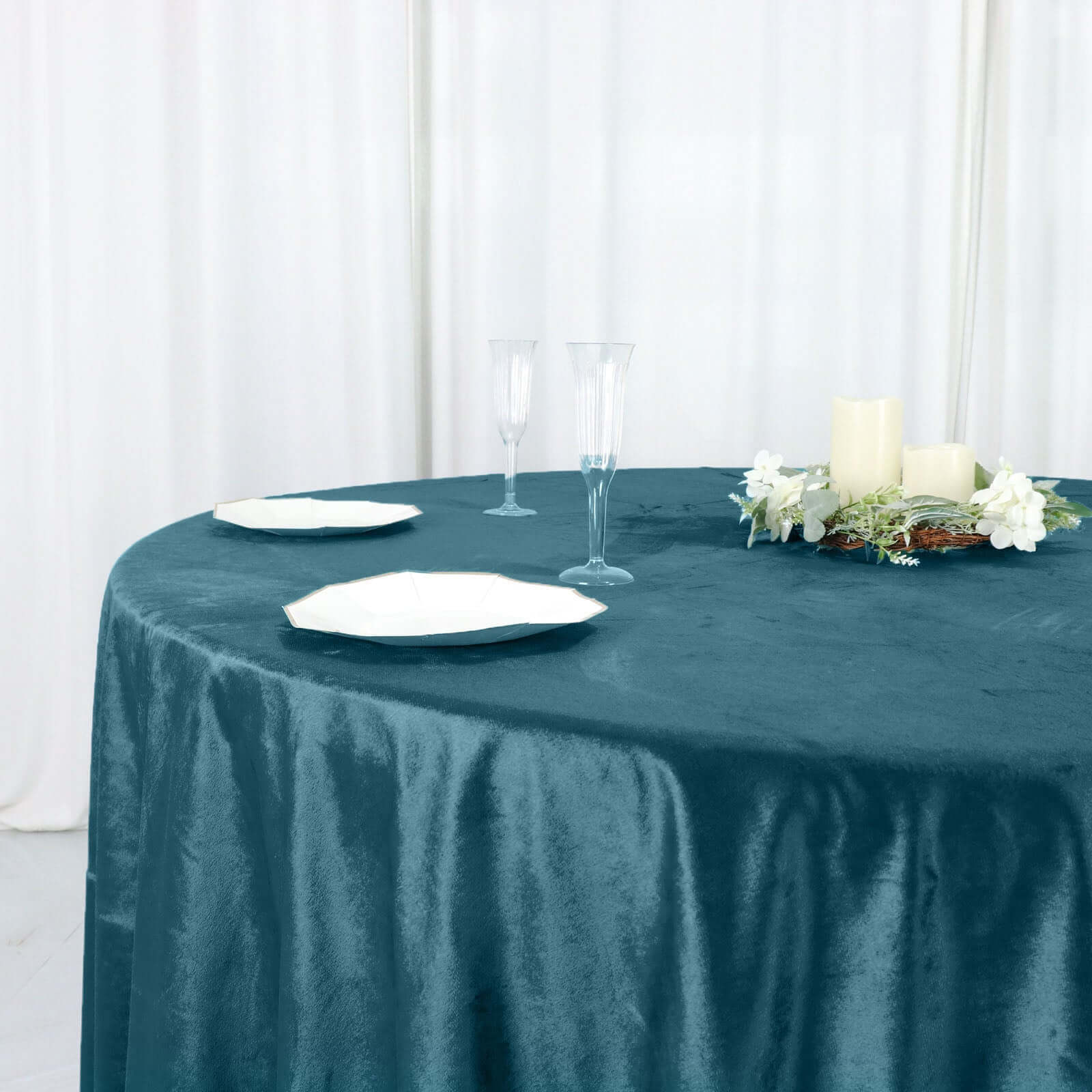 Premium Velvet Round Tablecloth 120" Peacock Teal - Seamless Soft & Reusable Table Cover - Image 5