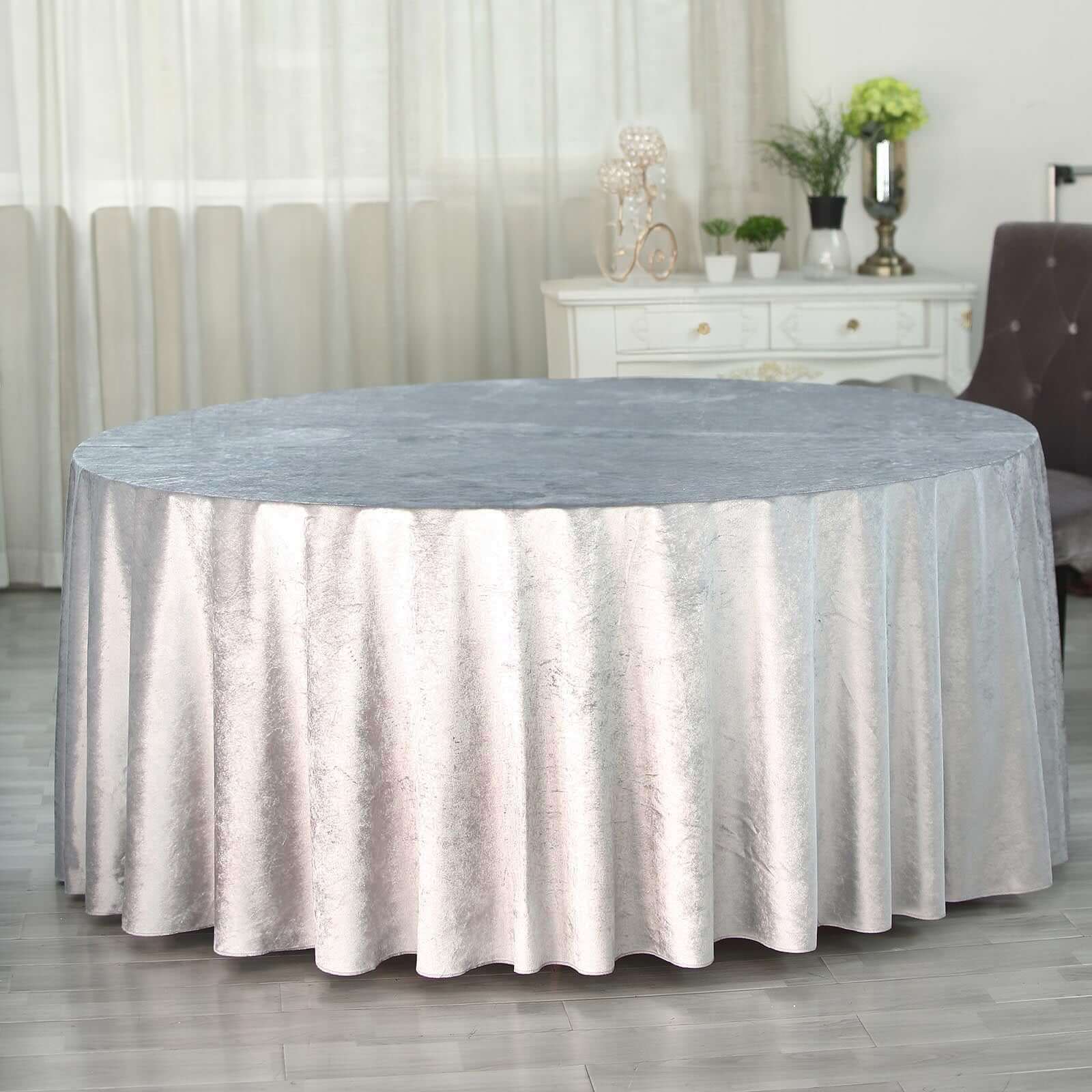 Premium Velvet Round Tablecloth 120" Silver - Seamless Soft & Reusable Table Cover