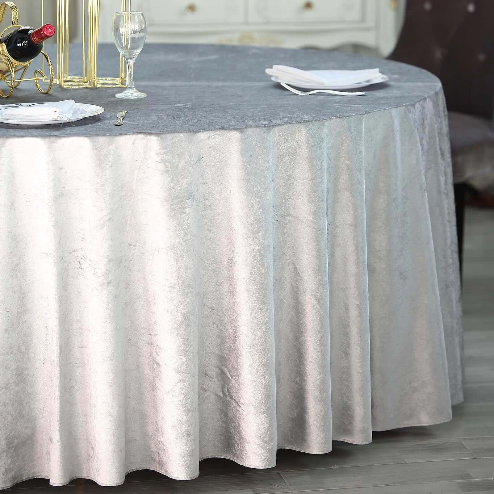 Premium Velvet Round Tablecloth 120" Silver - Seamless Soft & Reusable Table Cover - Image 2