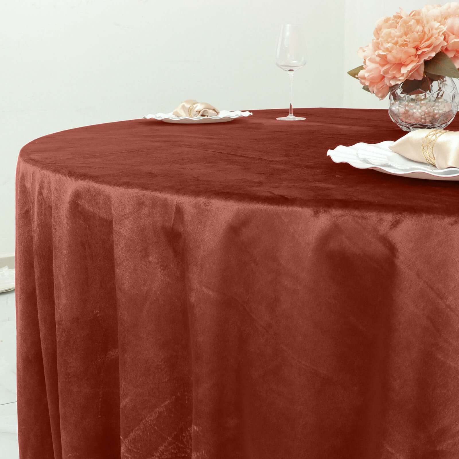Premium Velvet Round Tablecloth 120" Terracotta (Rust) - Seamless Soft & Reusable Table Cover - Image 6