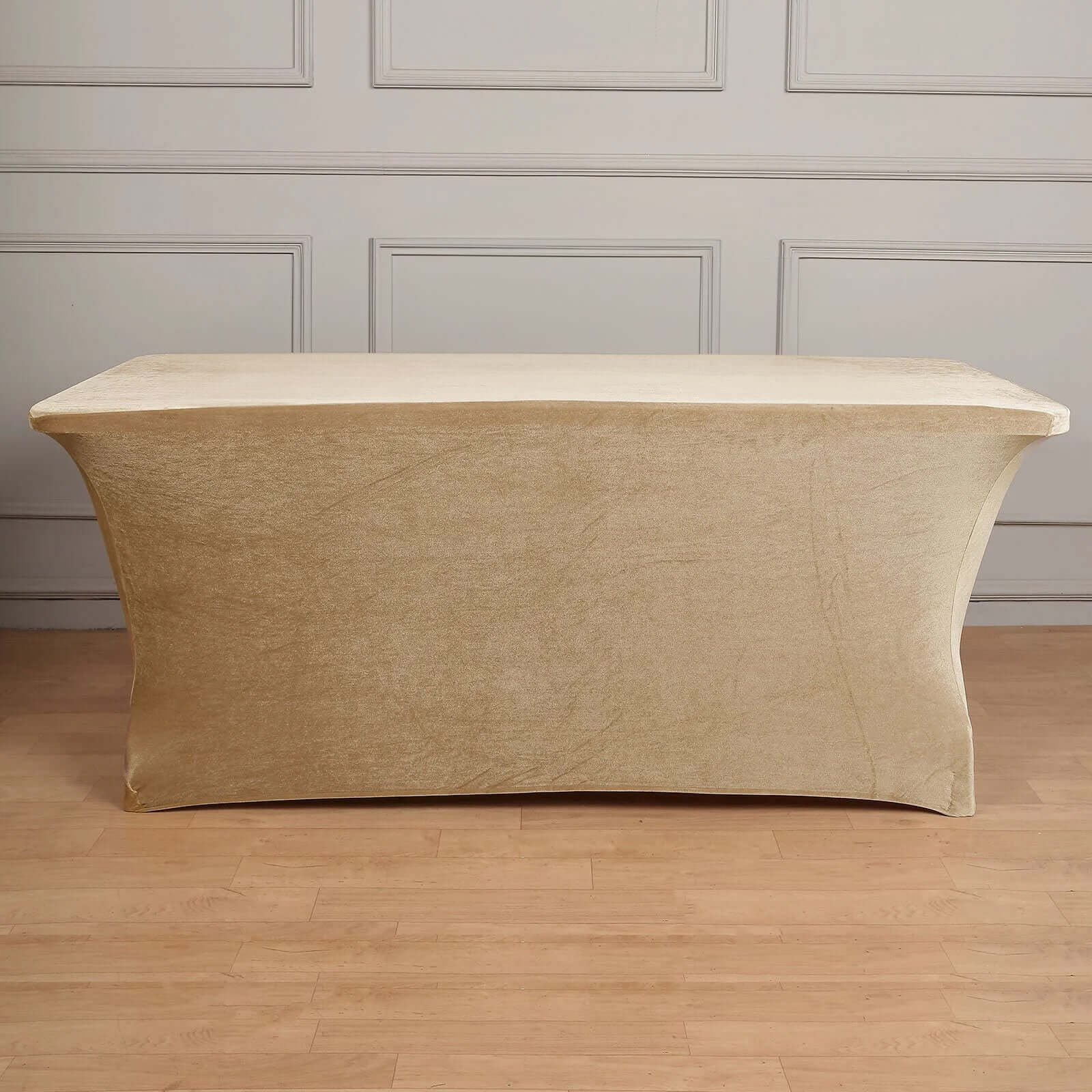 Premium Velvet Spandex Rectangle Tablecloth 6ft Champagne - Lustrous & Secure Fitted Table Cover for Banquets