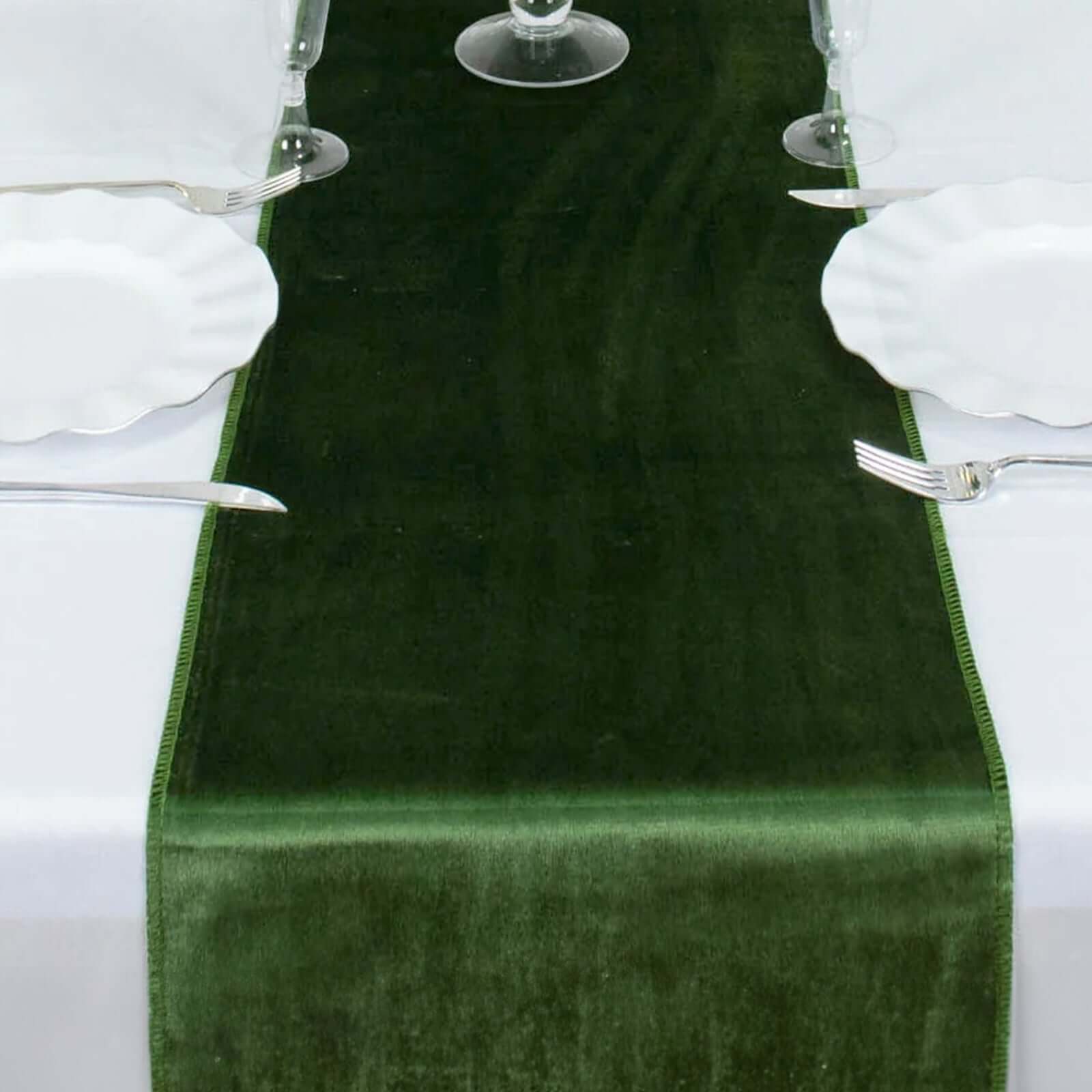 Premium Velvet Table Runner 12"x108" Olive Green - Sheen Finish Reusable Linen