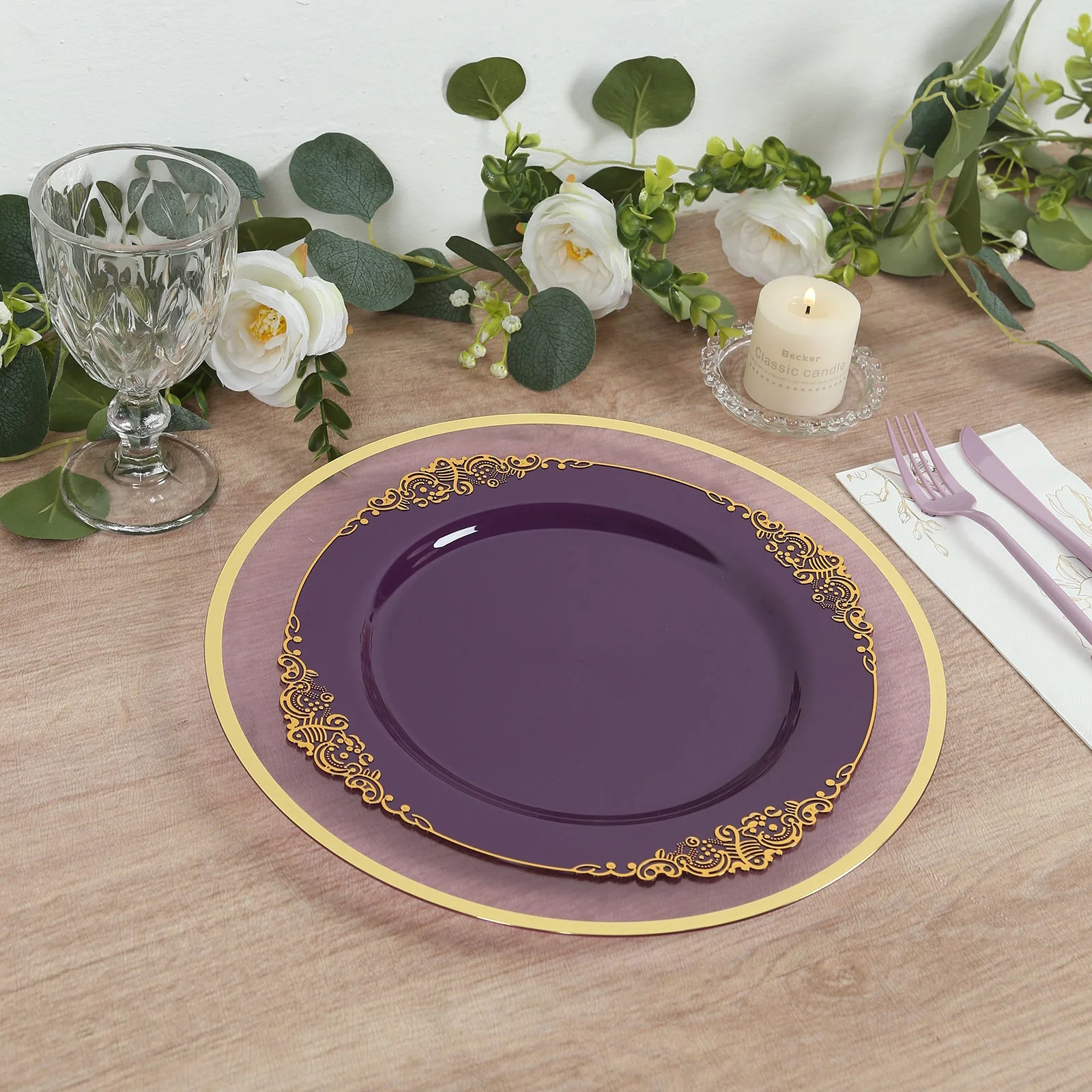 10-Pack Plastic Round Dinner Plates 10" Purple with Gold Leaf Embossed Rim - Vintage Baroque Style Disposable Plates - Image 3
