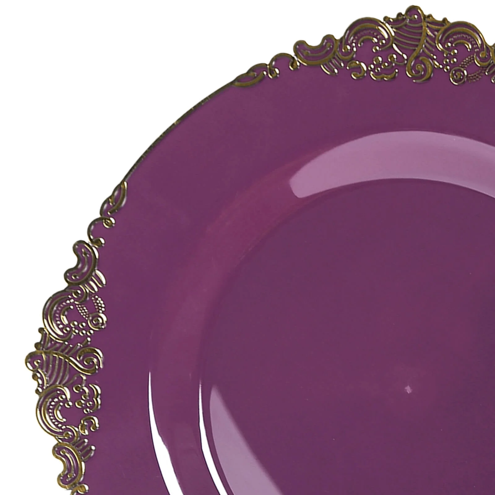 10-Pack Plastic Round Dinner Plates 10" Purple with Gold Leaf Embossed Rim - Vintage Baroque Style Disposable Plates - Image 6