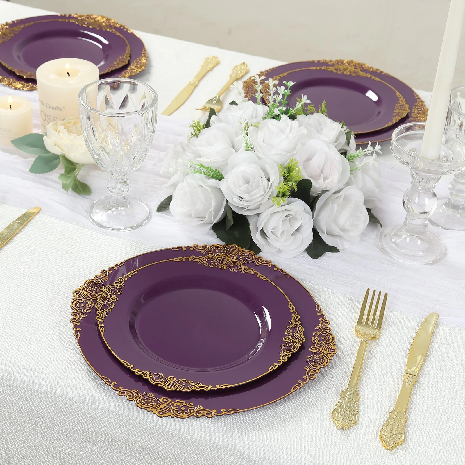 10-Pack Plastic Round Dinner Plates 10" Purple with Gold Leaf Embossed Rim - Vintage Baroque Style Disposable Plates - Image 7