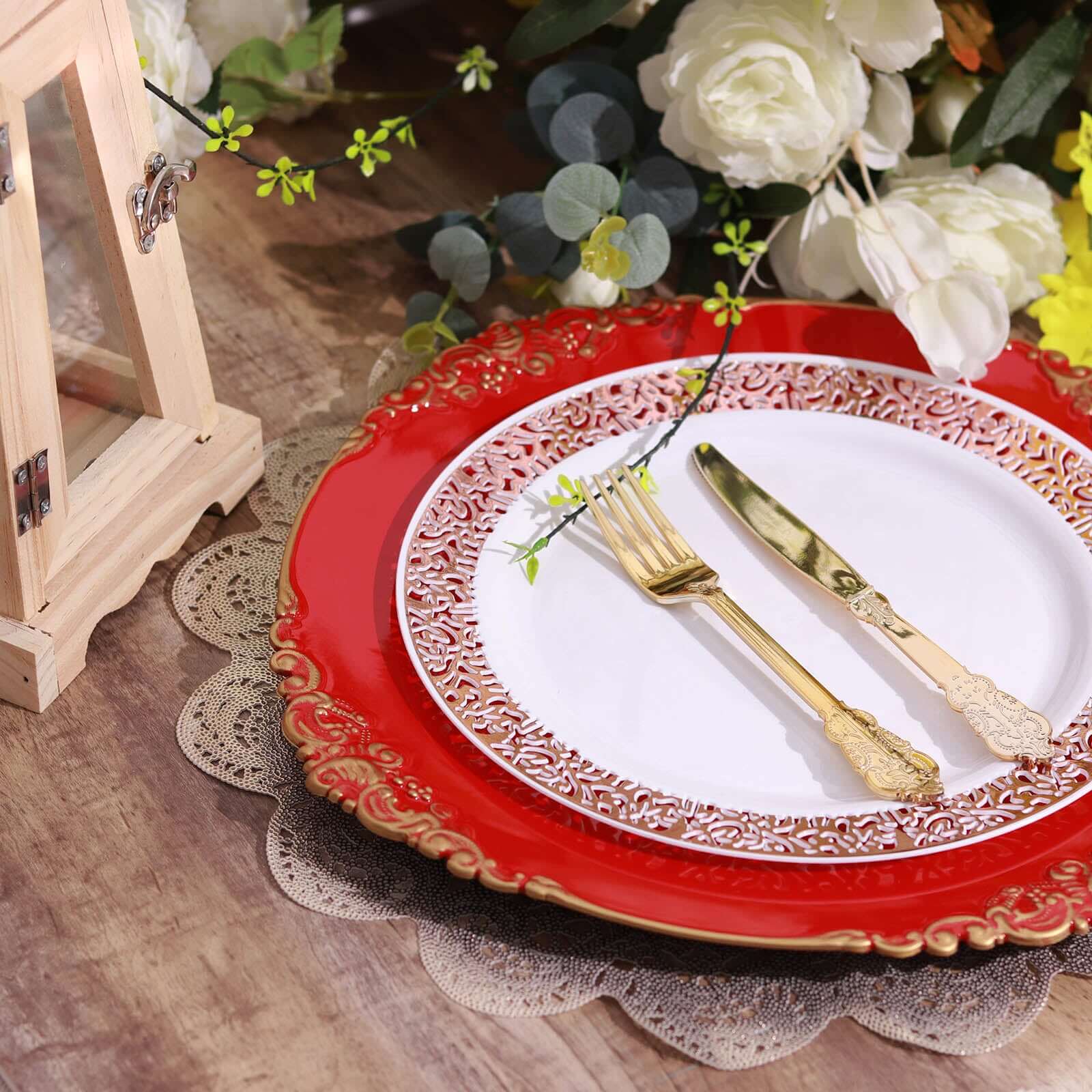 6-Pack Acrylic Charger Plates 13" Round Red with Gold Embossed Baroque Rim - Antique Decorative Dinner Tableware - Image 2