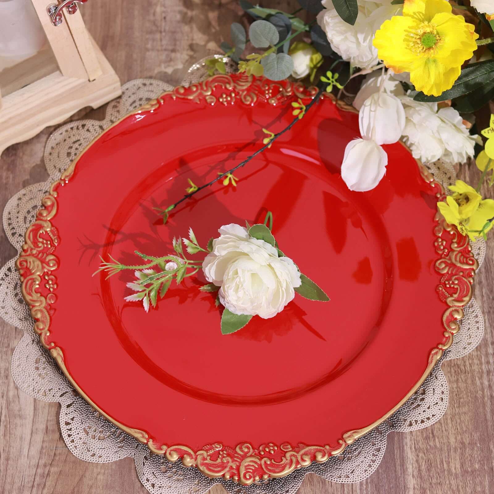 6-Pack Acrylic Charger Plates 13" Round Red with Gold Embossed Baroque Rim - Antique Decorative Dinner Tableware - Image 8