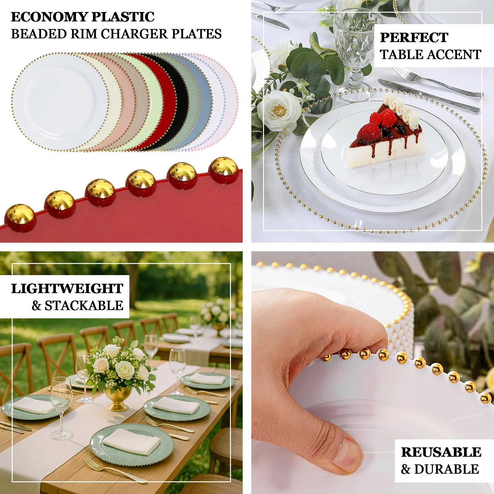 10-Pack Economy Plastic Charger Plates 13" Round Red with Gold Beaded Rim - Stylish Dinner Party Serving Plates - Image 3