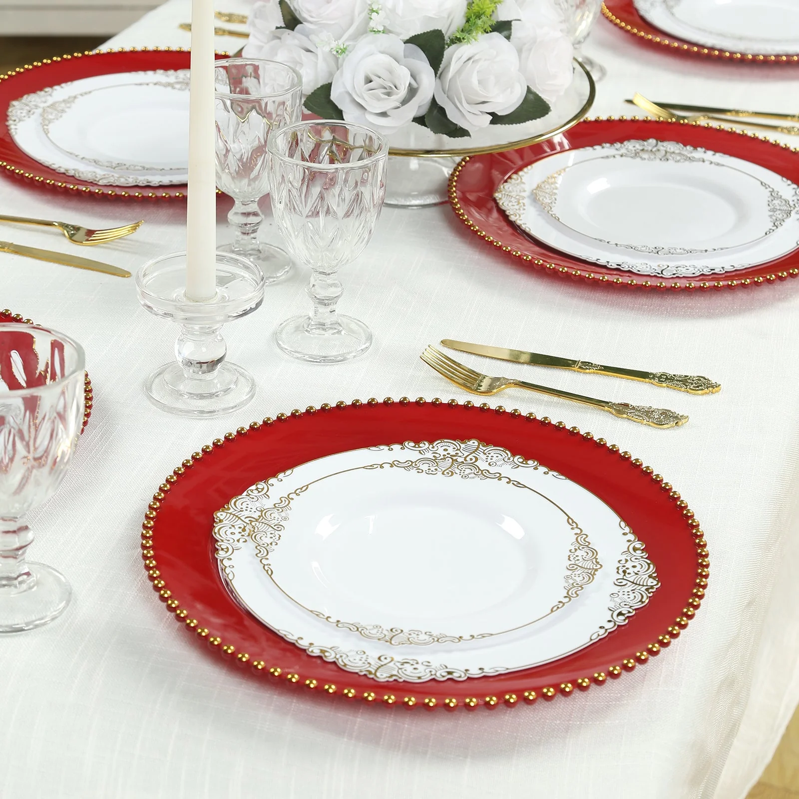 10-Pack Economy Plastic Charger Plates 13" Round Red with Gold Beaded Rim - Stylish Dinner Party Serving Plates - Image 6